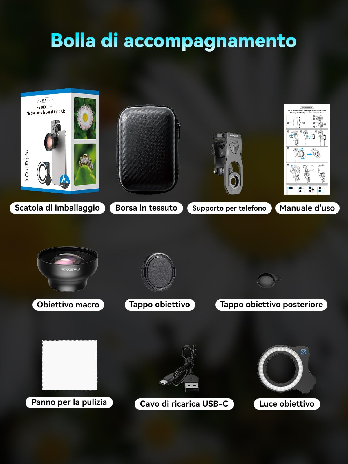 APEXEL 100Ultra Macro Obiettivo con Luce ad Anello, Versione Migliorata dell'Obiettivo per iPhone Samsung, Pixel