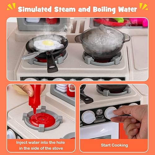 Miniatura 5 de Costzon Juego de cocina para niños, 67 piezas de juguetes de cocina con fregadero de juego, luces realistas, sonidos de simulación de vapor de
