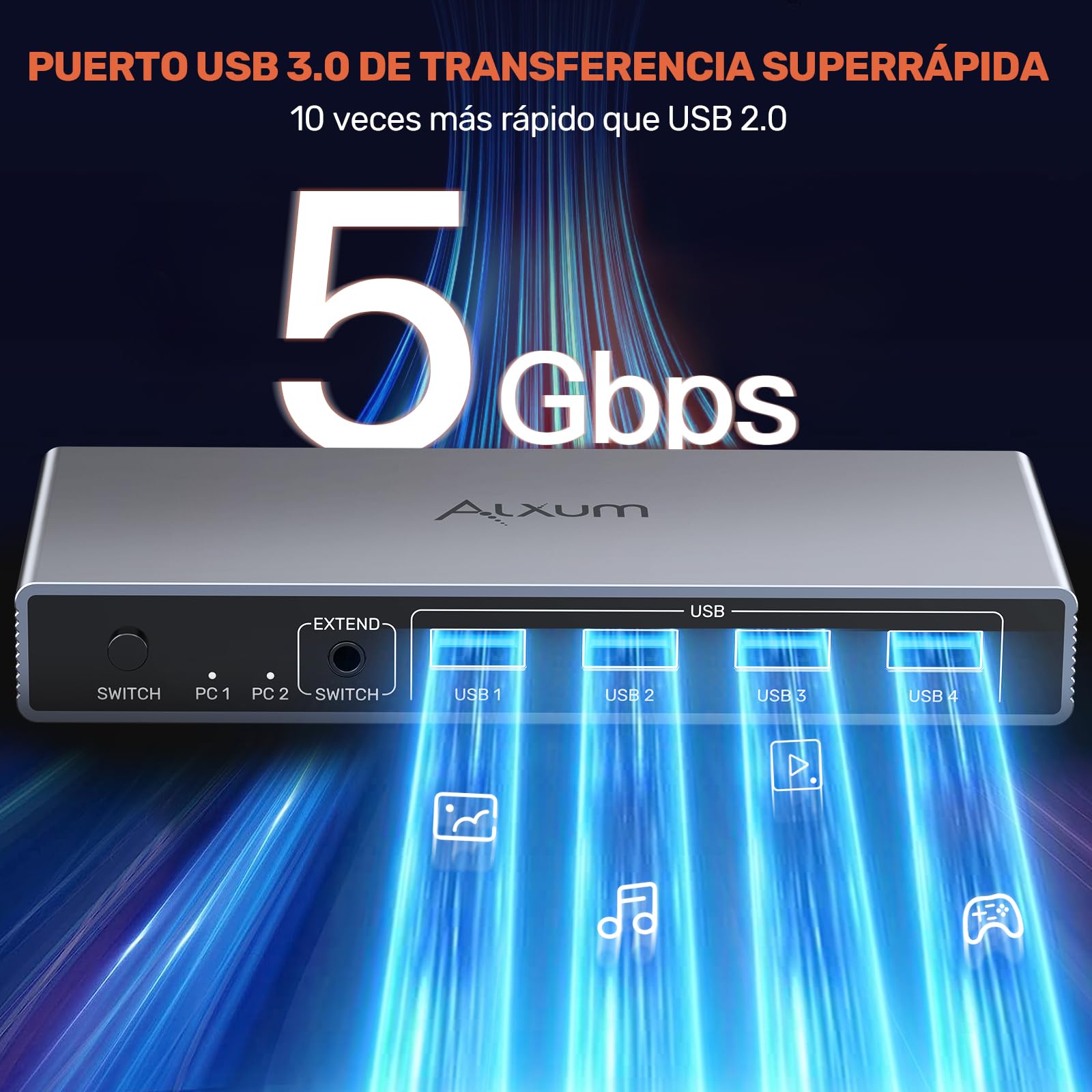 Alxum HDMI KVM-switch 2 pc's 1 monitor Ondersteuning 4K 60Hz Monitor Switch 2 in 1 USB 3.0-uitgang KVM-switches met 4 USB A Inclusief desktop controller 2 kabels
