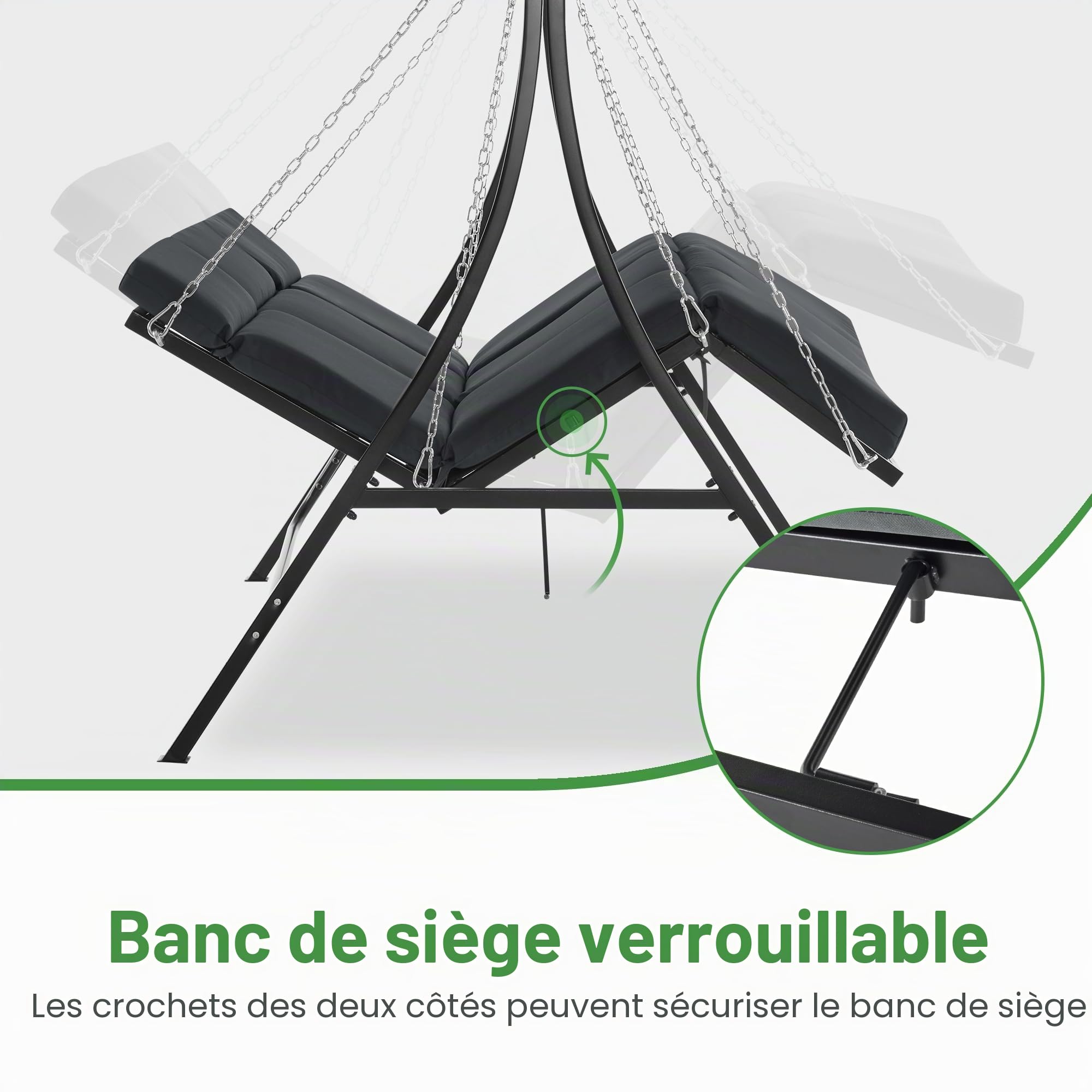M MCombo Balançoire Hollywood avec Fonction inclinable, balançoire de Jardin 3 Places résistante aux intempéries, Banc balançoire avec chaînes en métal, Toit réglable, 8018 (Gris Gel foncé)
