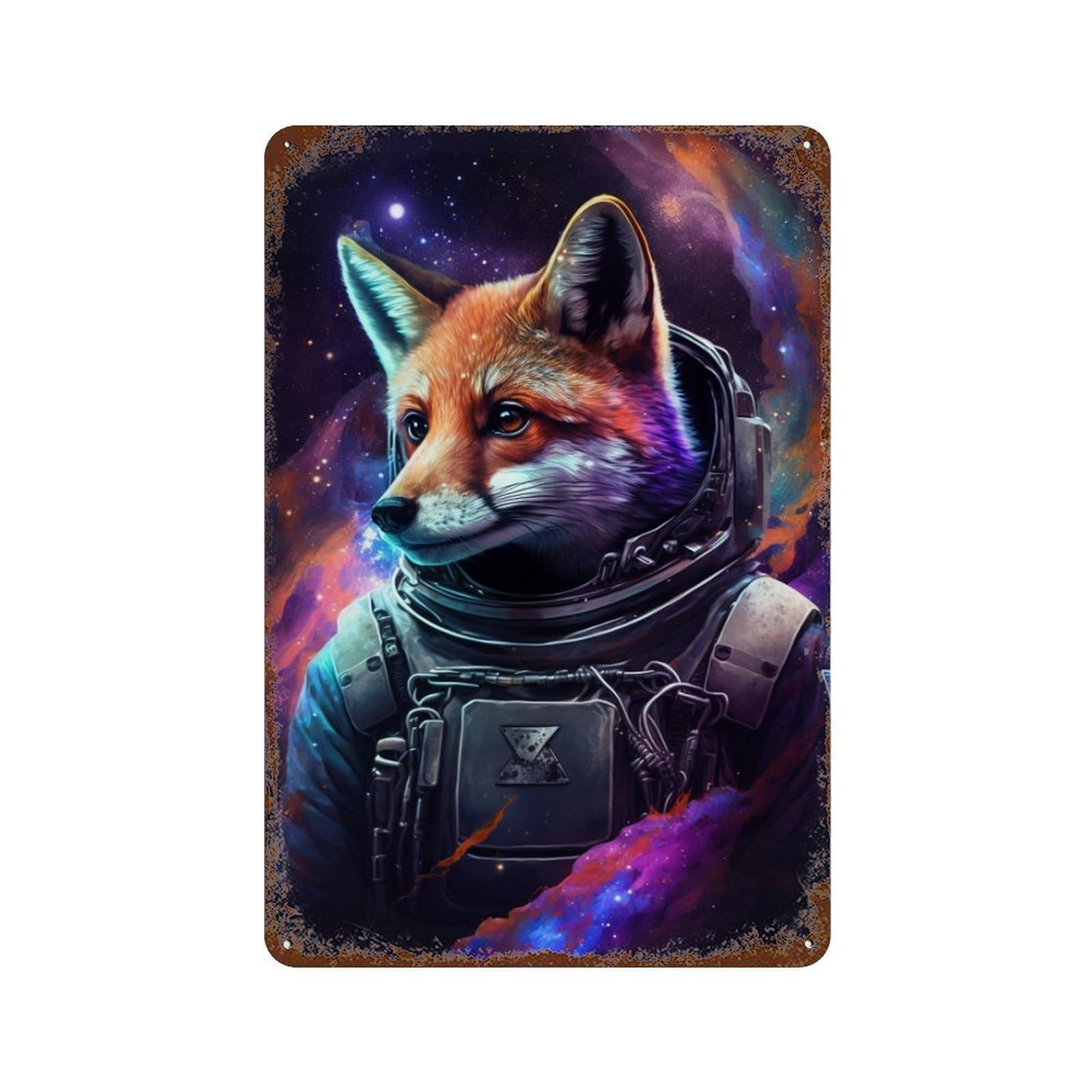 Cosmic Fox Astronaut Art Print-4 Rust Effect Tin Sign 11.8"x7.9", Rustic Home Decor for Cafe, Home Bar And Lounge Decor
