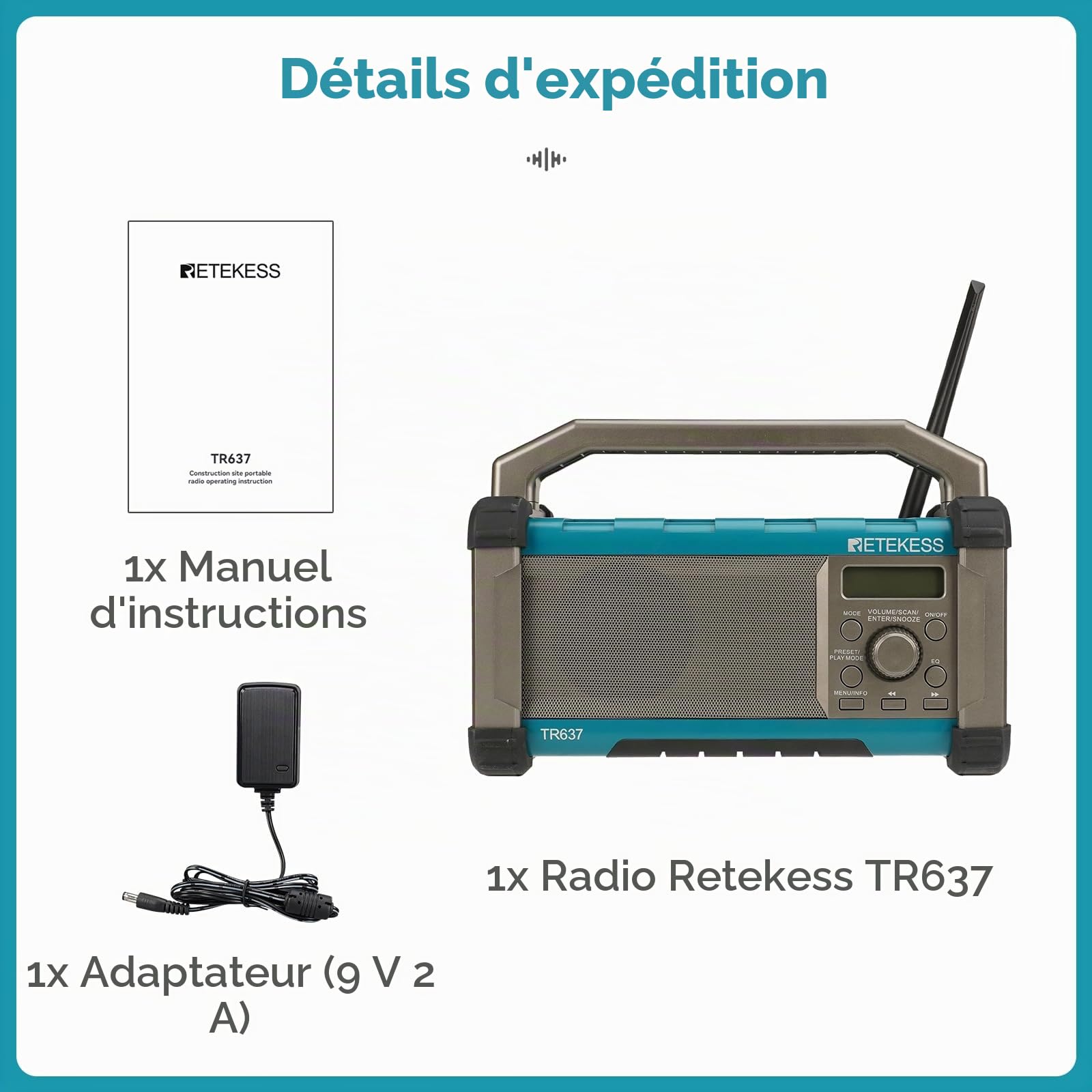 Retekess TR637 Radio de Chantier, Radios Portable | pour Chantier, Poste de Travail, FM/AM, 5000mAh Batterie, Étanche, Résistant aux Chutes, Port USB, Poignée