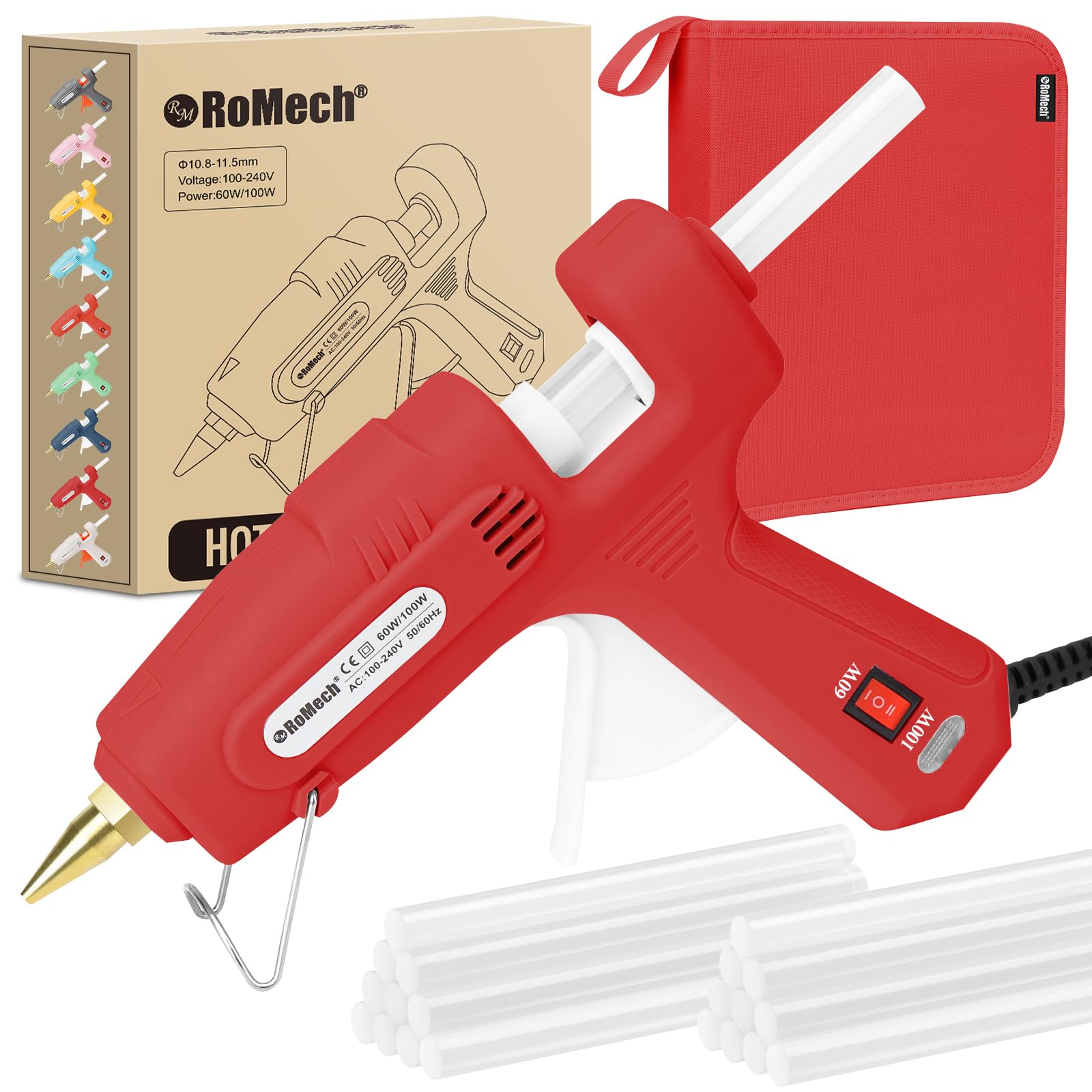 ROMECH 60/100W Dual Temp Hot Glue Gun and Sticks Set, Full Size with Case