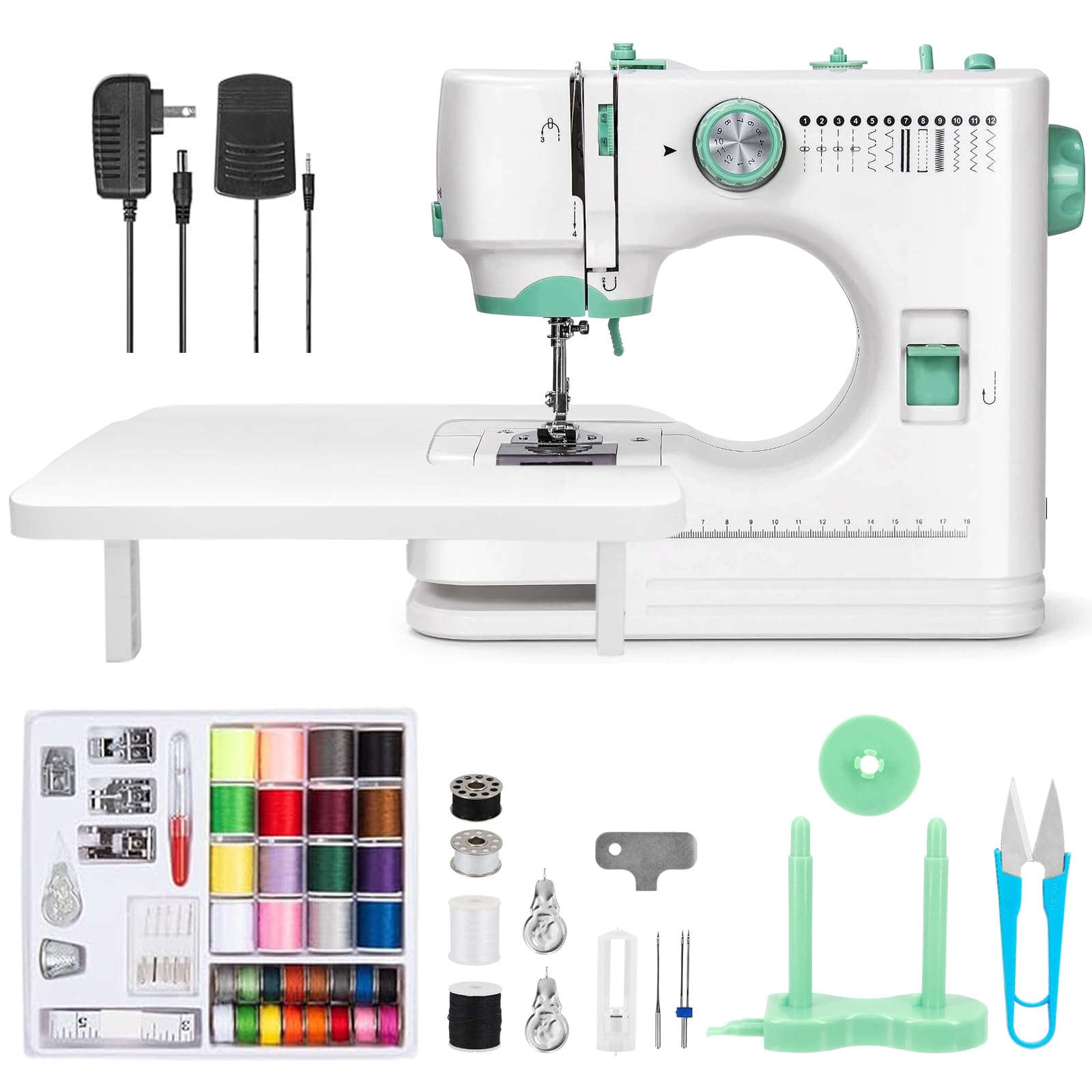 Máquina de Coser Portátil Eléctrica para Hogar con Mesa de Extensión – 12 Puntadas, 6 Prensatelas, 2 Velocidades (Baja/Alta), Pedal Incluido, Ideal para Principiantes y DIY