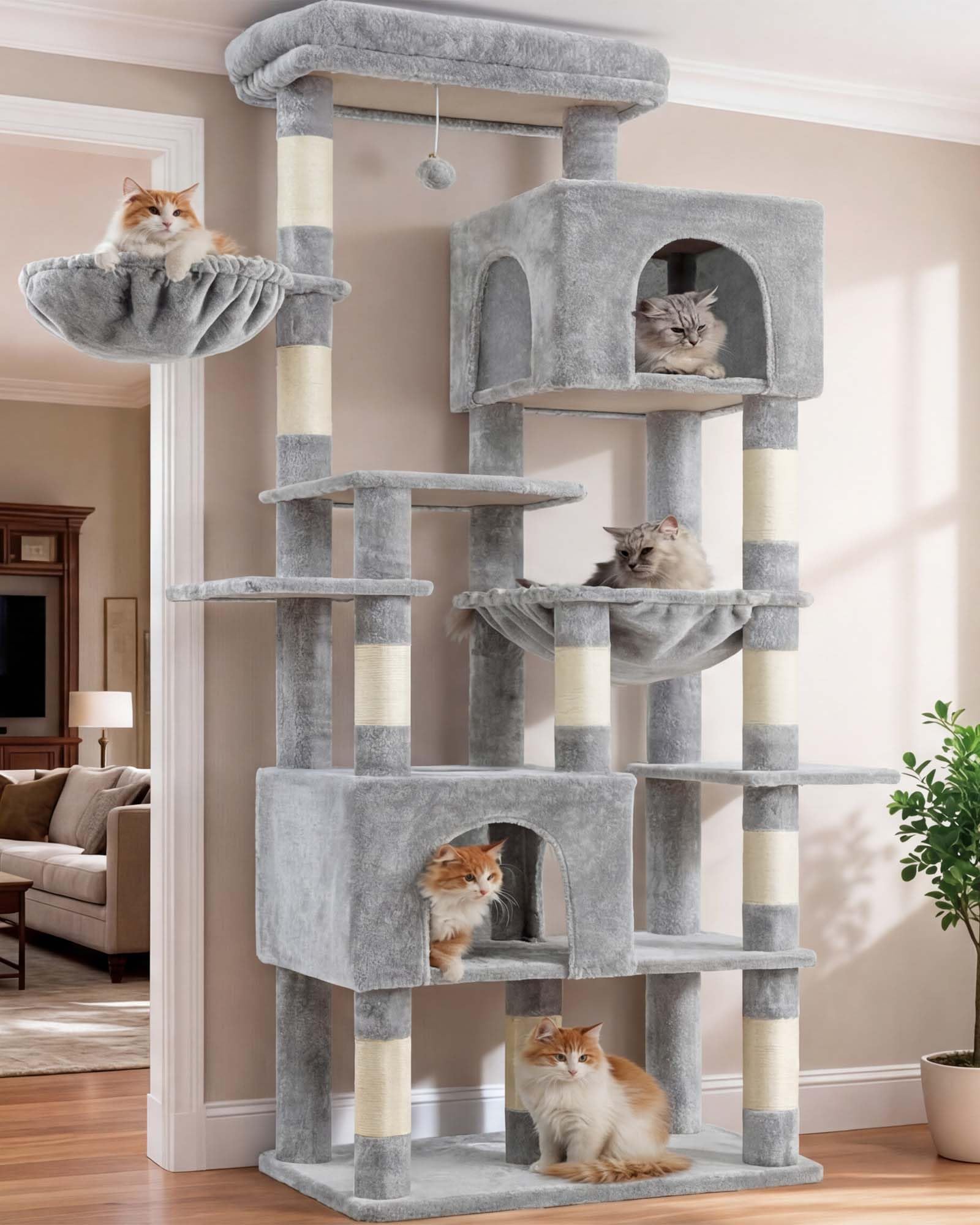 Heybly Kratzbaum Groß, 193 cm Hoch Kratzbaum Grosse Katzen Stabil, Inklusive 2 Katzenhäuschen, Einer Hängematte, Einem Katzenkorb und 10 Sisal-Kratzstämmen, Hellgrau HCT039W