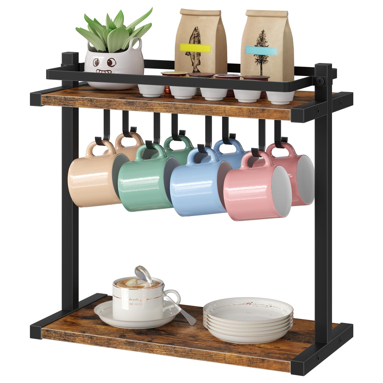HOOBRO Tassenhalter, Tassenständer für 8 Tassen，Kaffeetassenständer mit offenem Fach, 2-stöckiges Tassenregal mit Haken, für Küche, Bar, Café, Vintagebraun und Schwarz EBF40TL01 Küche, Haushalt & Wohnen