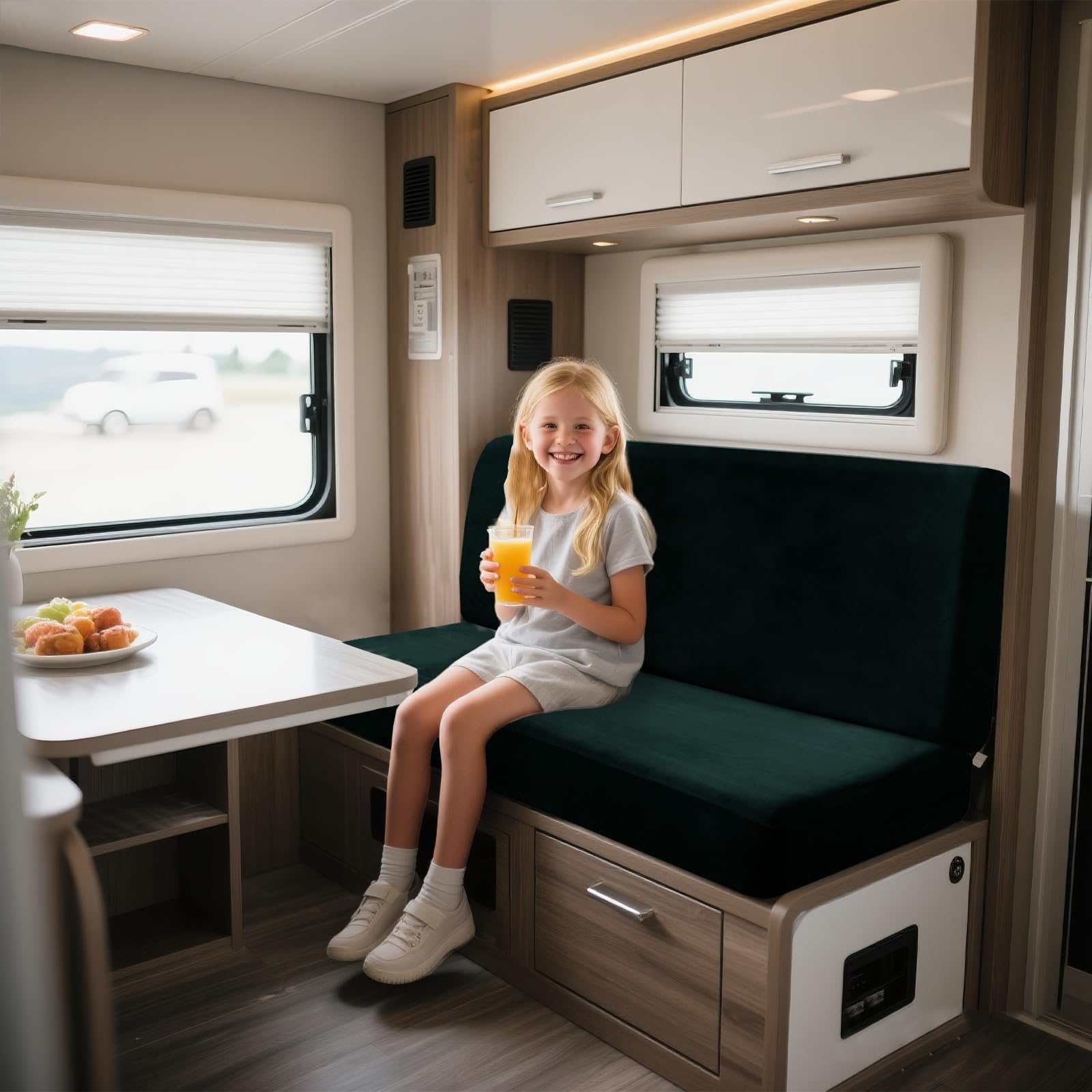 UNBBRRL Motorhome Seat Covers Stretchy Velvet, Caravan Dinette Cushion Cover Set (2pcs), RV Bench/sofa Cushion Cover with Fixing Ties (dark green,Rectangle-L)