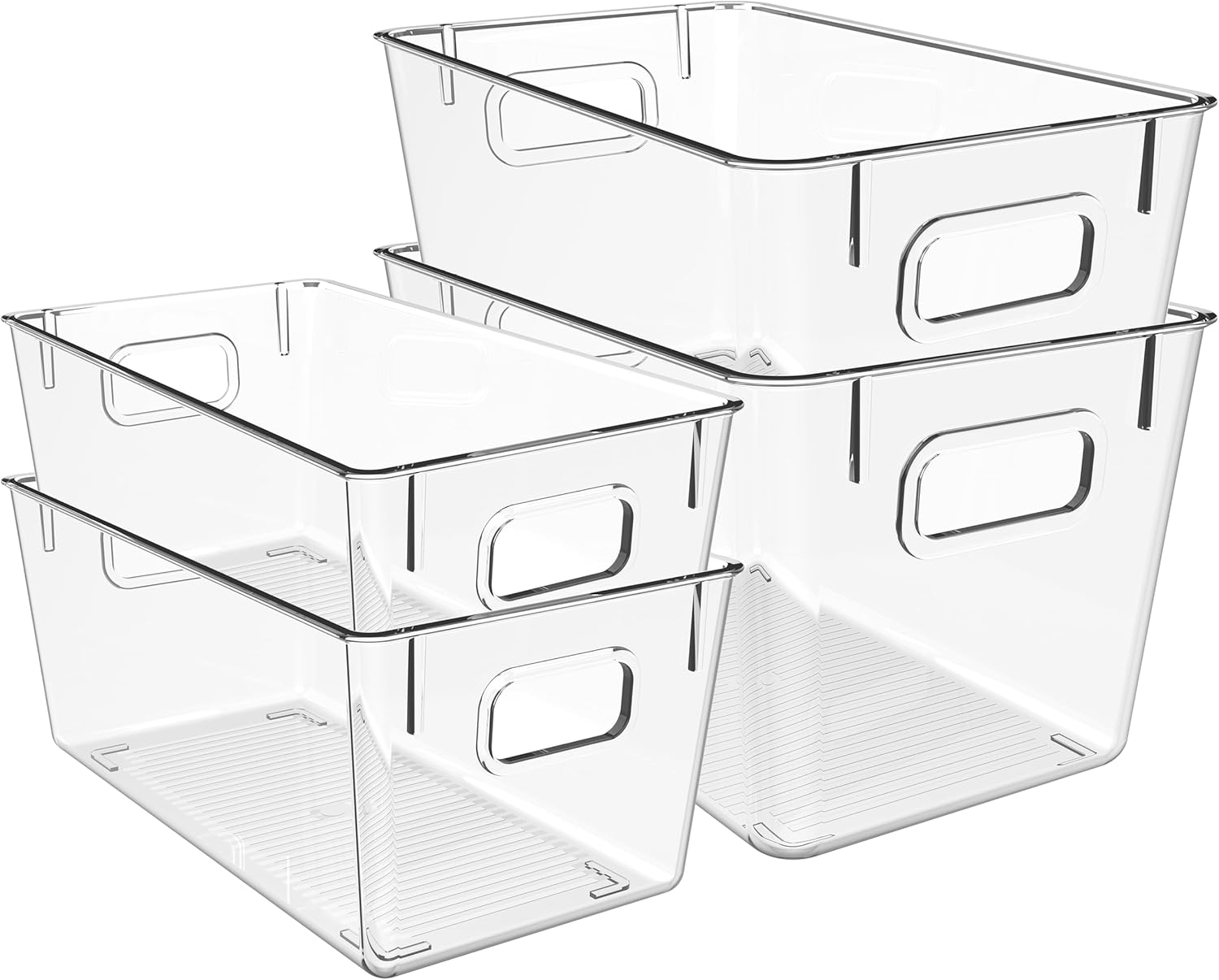 4 PCS Clear Plastic Storage Bins, Mixed Size (2 Large + 2 M) Pantry Organizer Containers with Easy-Grip Handles for Refrigerator, Kitchen, Cabinets, Countertops & Home Organization