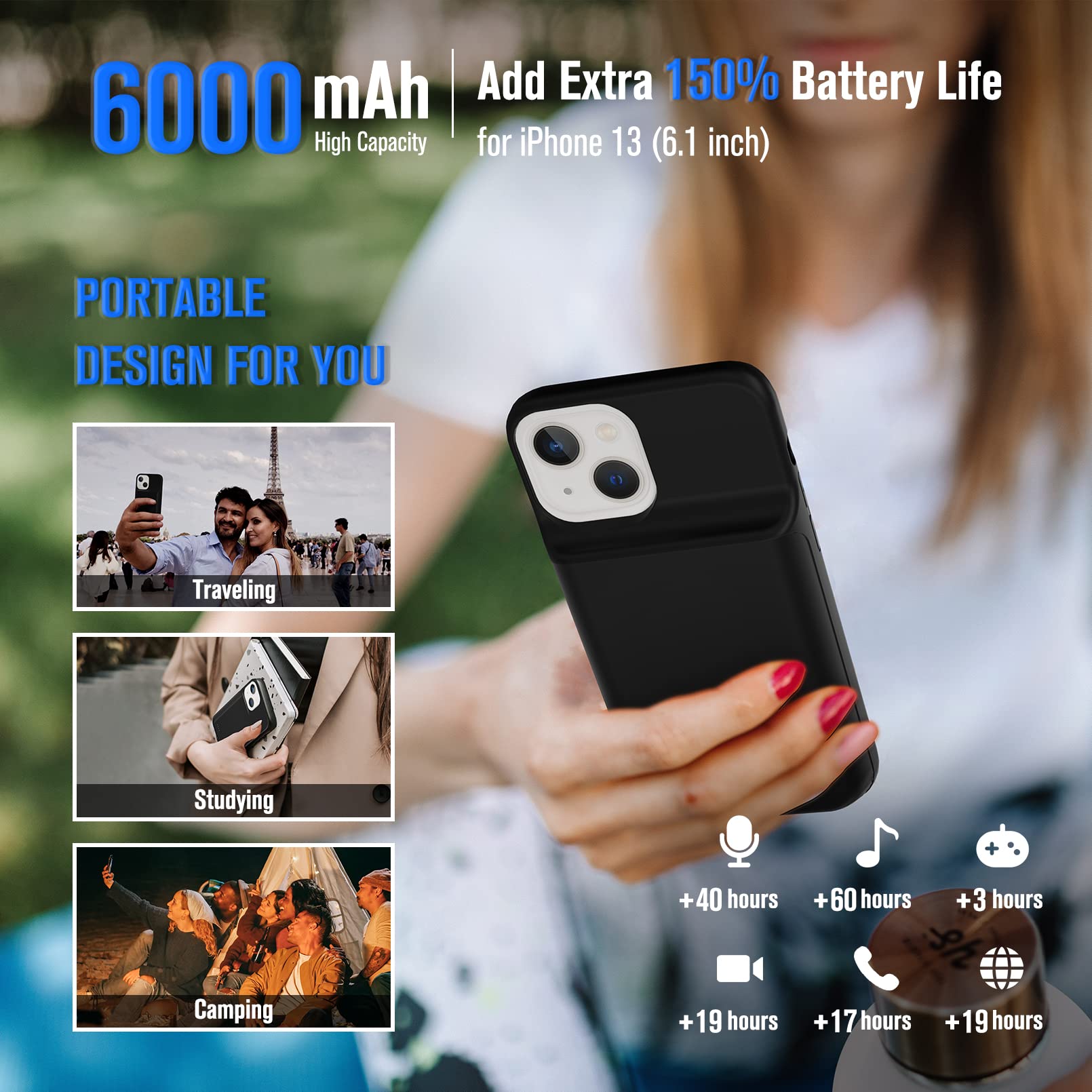 Gladgogo Charging Case for iPhone 13, Real 6000mAh Powerful Smart Battery Case Charger Ultra Slim Portable External Battery Pack Compatible with 13, 6.1 inch, Black