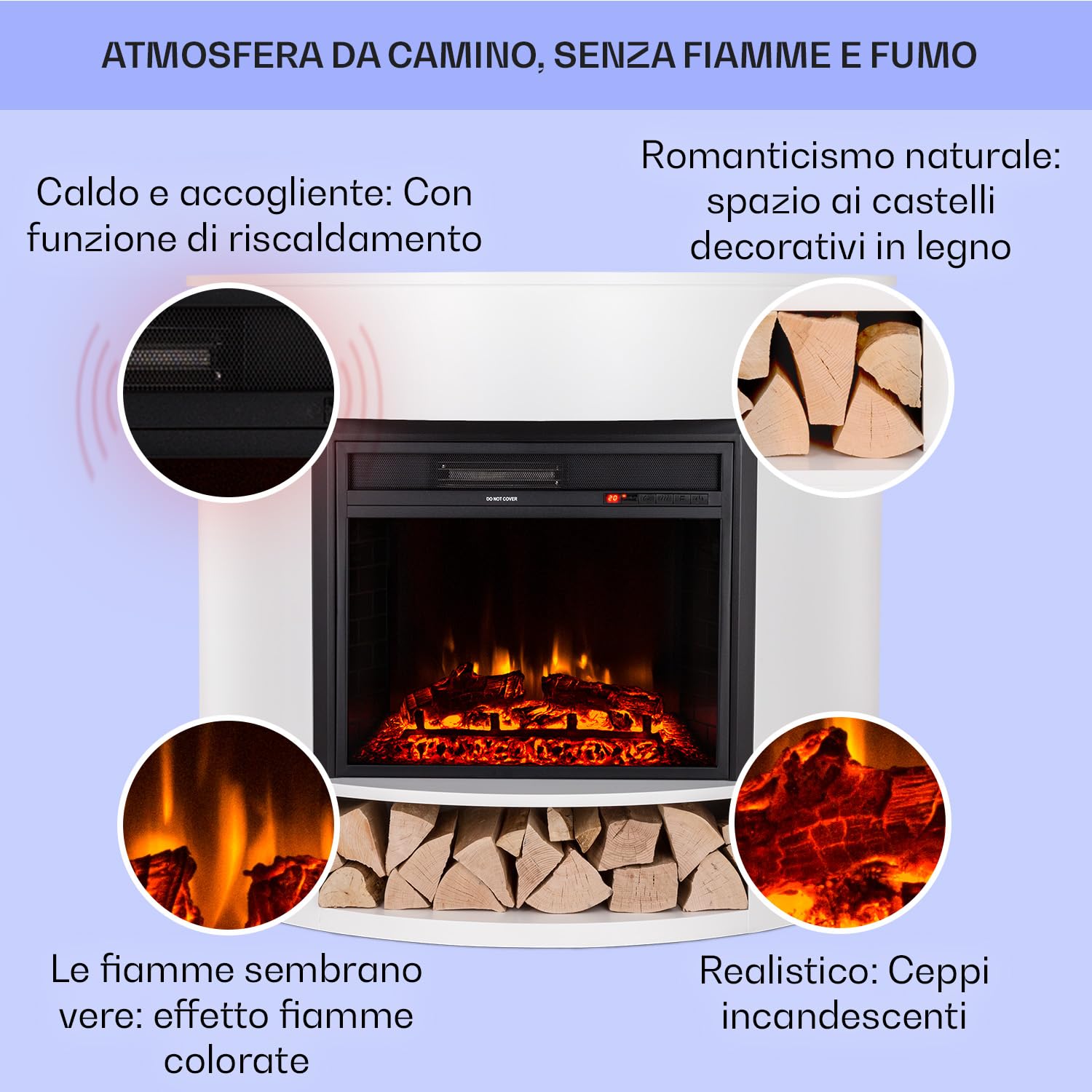 Klarstein Camino Elettrico Basso Consumo, Camino da Terra con Mensola, Elettrico da Parete, Caminetto 1800W, Finto Decorativo con LED, Telecomando, Timer, Controllo Temperatura