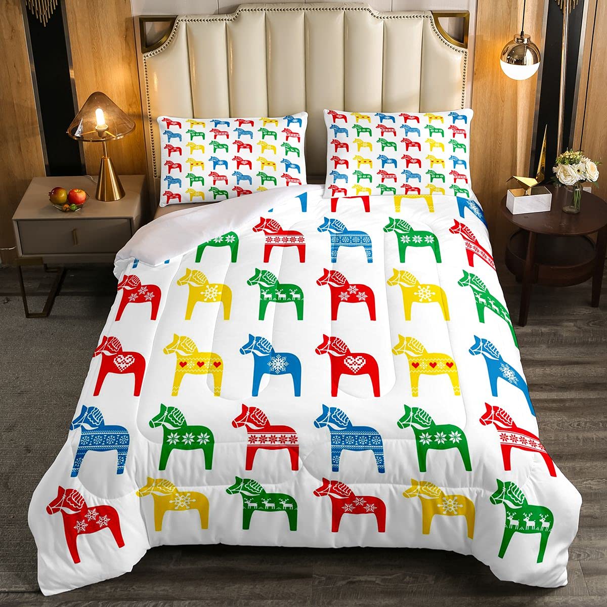 Loussiesd Horses Soft Duvet Little Galloping Horse Bohemian Style Bedding Set Green Yellow Blue Steed Wild Animal with 2 Pillowcases 3Pcs Bedding Double
