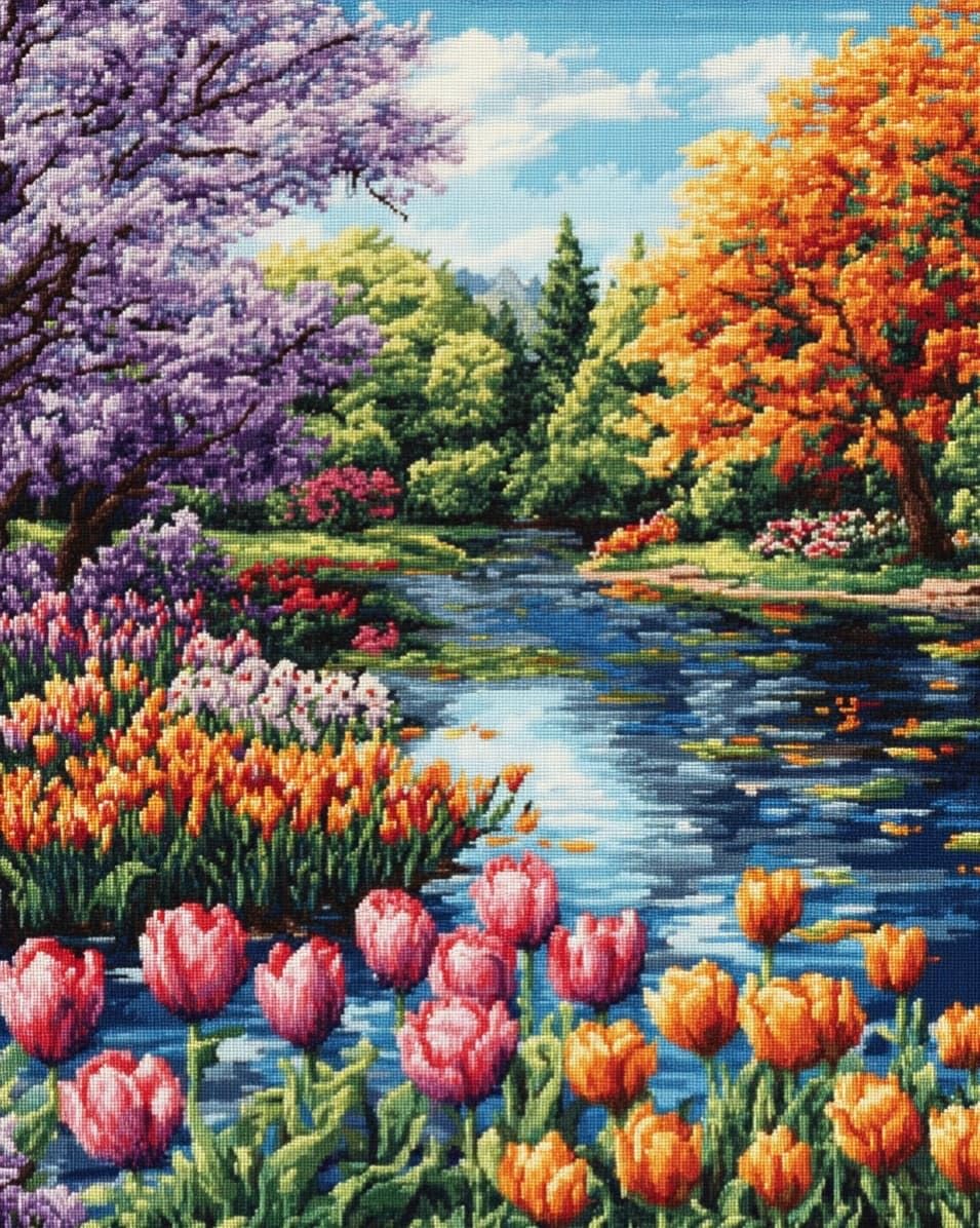WallustrioaW DIY 11CT Stamped Cross Stitch Kits for Beginners,Tulips,Easy Embroidery Counted Cross Stitch Art Craft for Wall Decoration,40x50cm