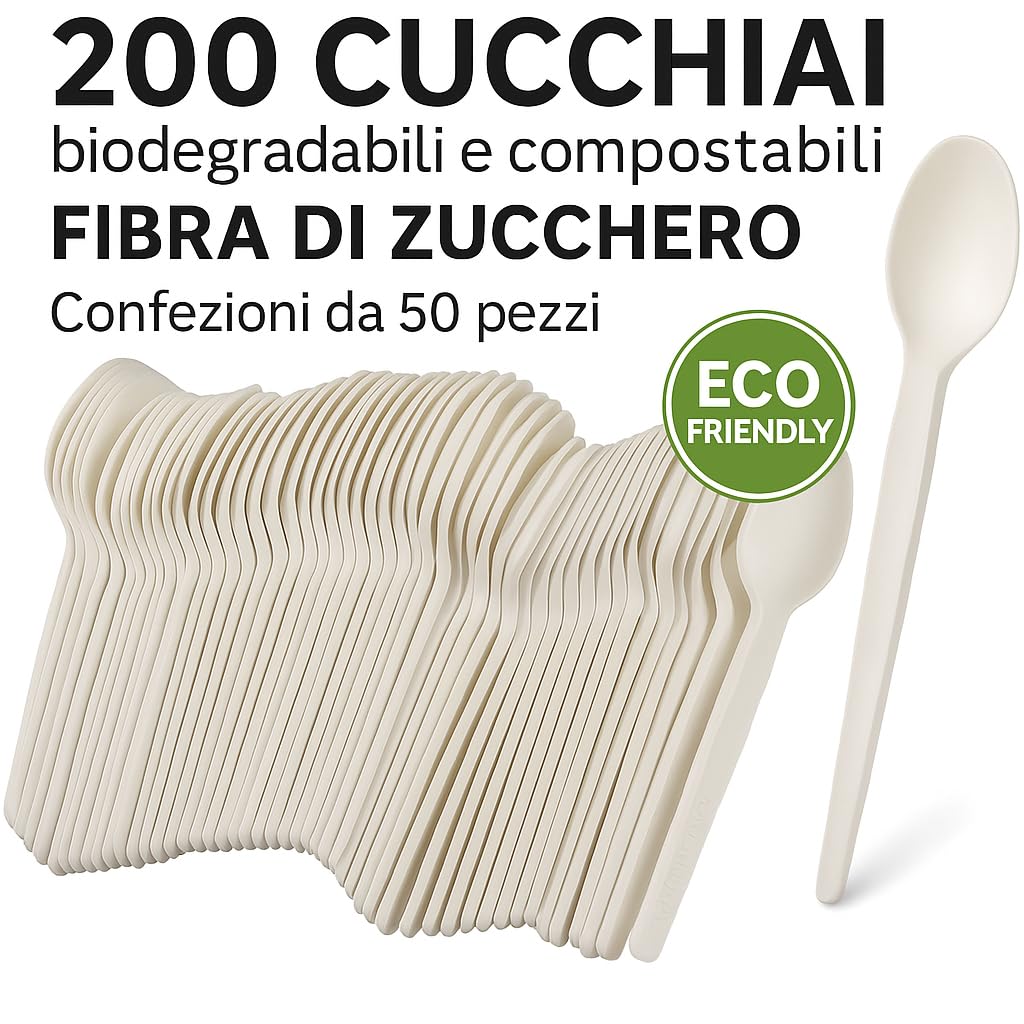 200 Cucchiai biodegradabili e compostabili Bianche Posate in Fibra di Zucchero Confezioni da 50 Pezzi stoviglie bio Eco Friendly (200 cucchiai)