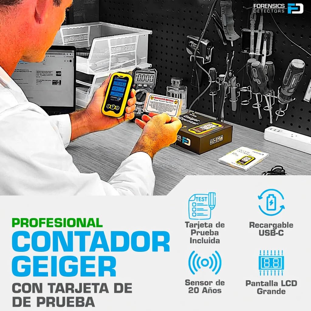 Contador Geiger + Tarjeta de prueba de radiación | Vida útil del sensor de 20 años | Detector de radiación | Beta, gamma y rayos X | Prueba de caída superada desde 10 pies