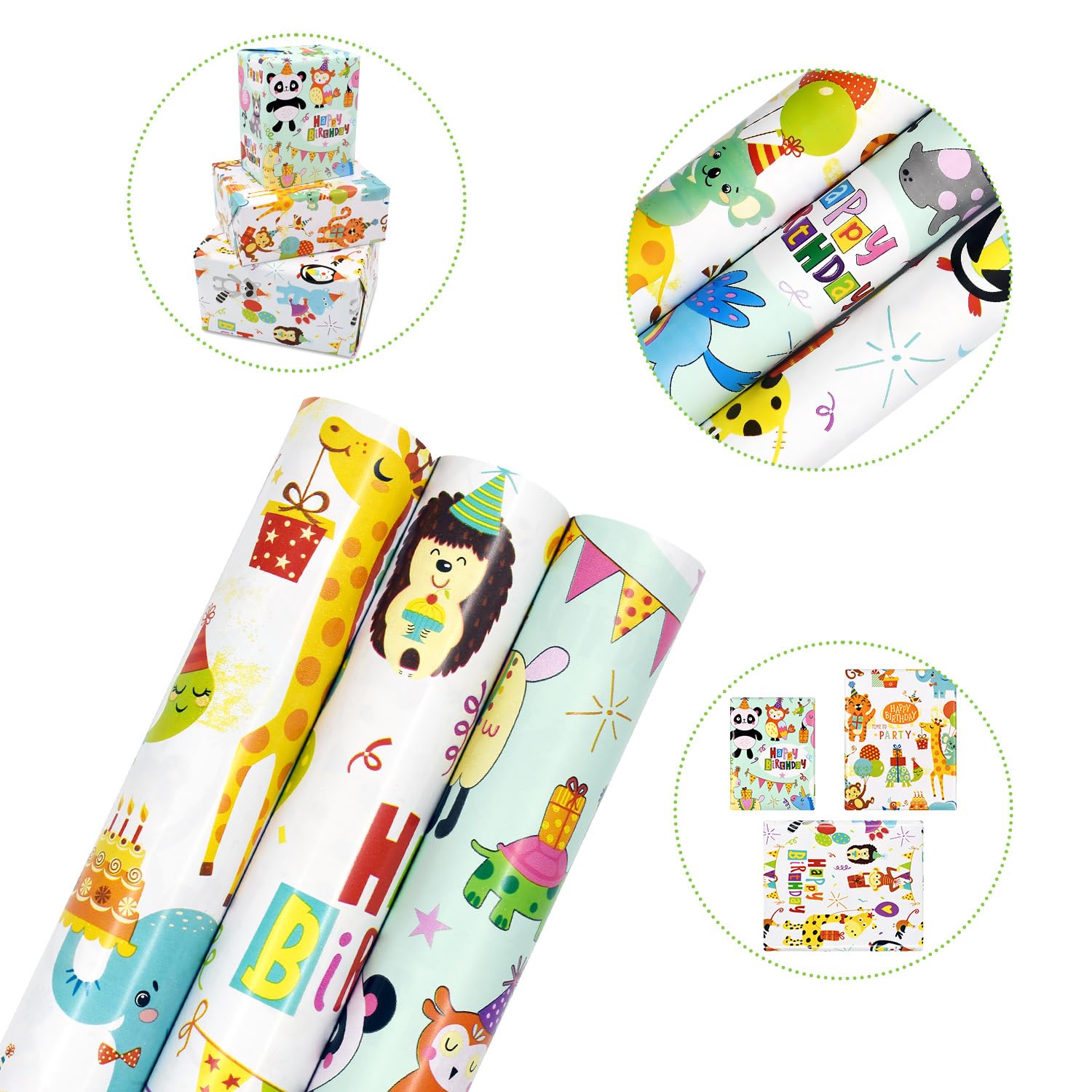 3 rollos de papel de regalo de animales de 17 pulgadas x 10 pies, papel de regalo de feliz cumpleaños reutilizable para niños, niñas y niños.
