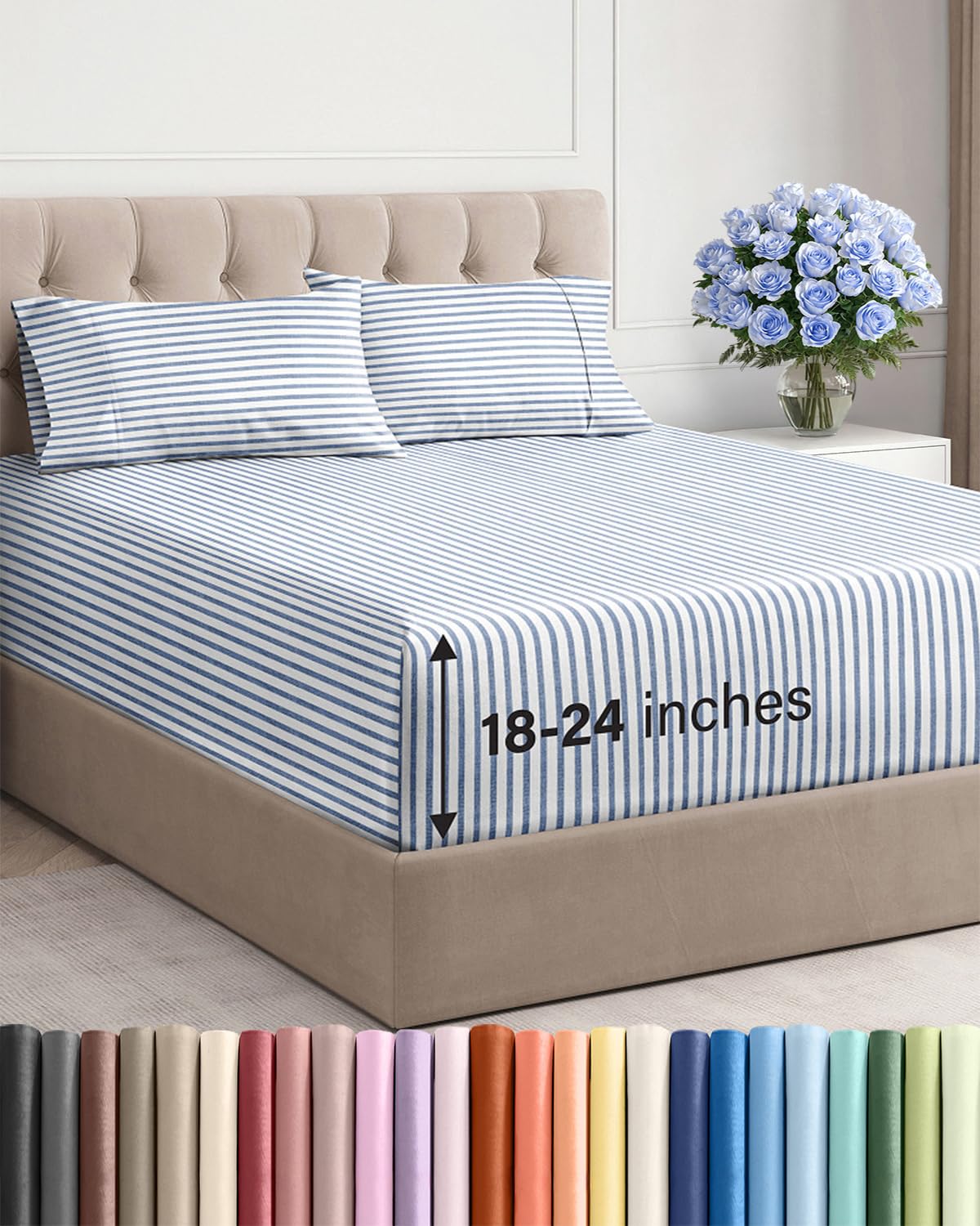 extra deep pocket full sheets - 4 piece breathable & cooling bed sheets - hotel luxury bed sheet set - soft, wrinkle free & comfy - easily fits extra deep mattresses - deep pocket blue striped sheets