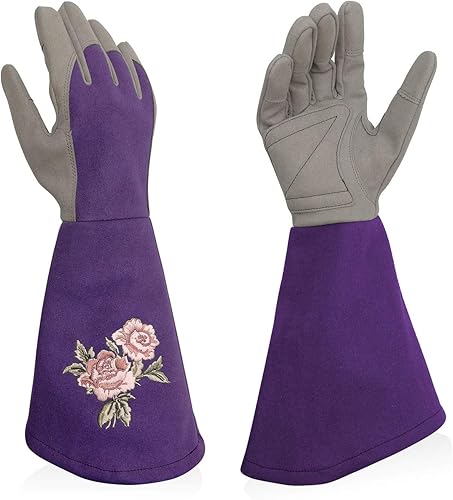 Vista 9 de Guantes de poda de rosas resistentes a las espinas, guantes de jardinería bordados con protección extra larga para antebrazo Rosa rojo