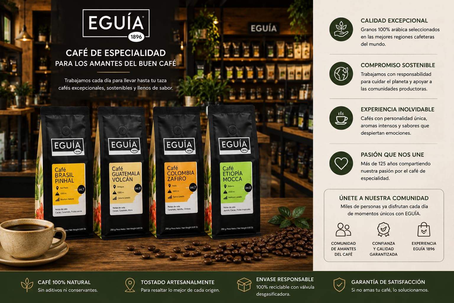 EGUIA Cafe en Grano Natural 100% Arabica - Pack Degustacion Espresso 4x250g - Cafes de Etiopia, Colombia, Guatemala y Brasil - Tueste Medio Gourmet Premium