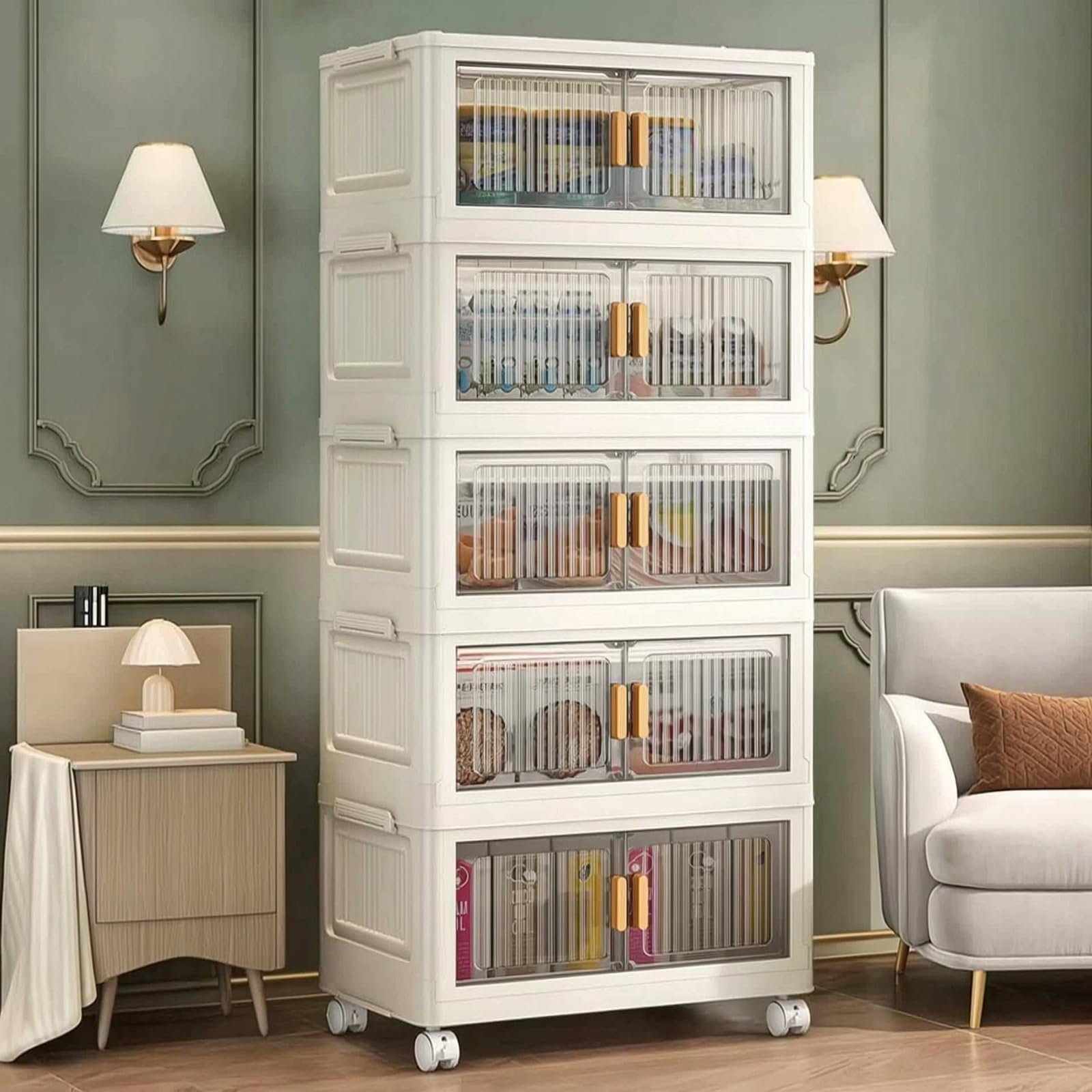 Ruiqas 5-Tier Stackable Storage Bins with Lockable Wheels, Closet Organiser with Magnetic Lid, Dustproof & Waterproof, Stackable Storage Cabinet for Clothes, Toys & Home Essentials, off-white