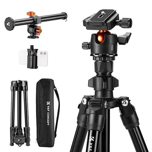 K&F Concept 76 inch Camera Tripod with Rotatable Multi-Angle Center Column,Lightweight Travel Outdoor DSLR Tripods with 360 Degree Ball Head Load Capacity 8kg/17.6lbs, Cellphone Clips for Smartphone - 76" height/8kg load+Extension Arm