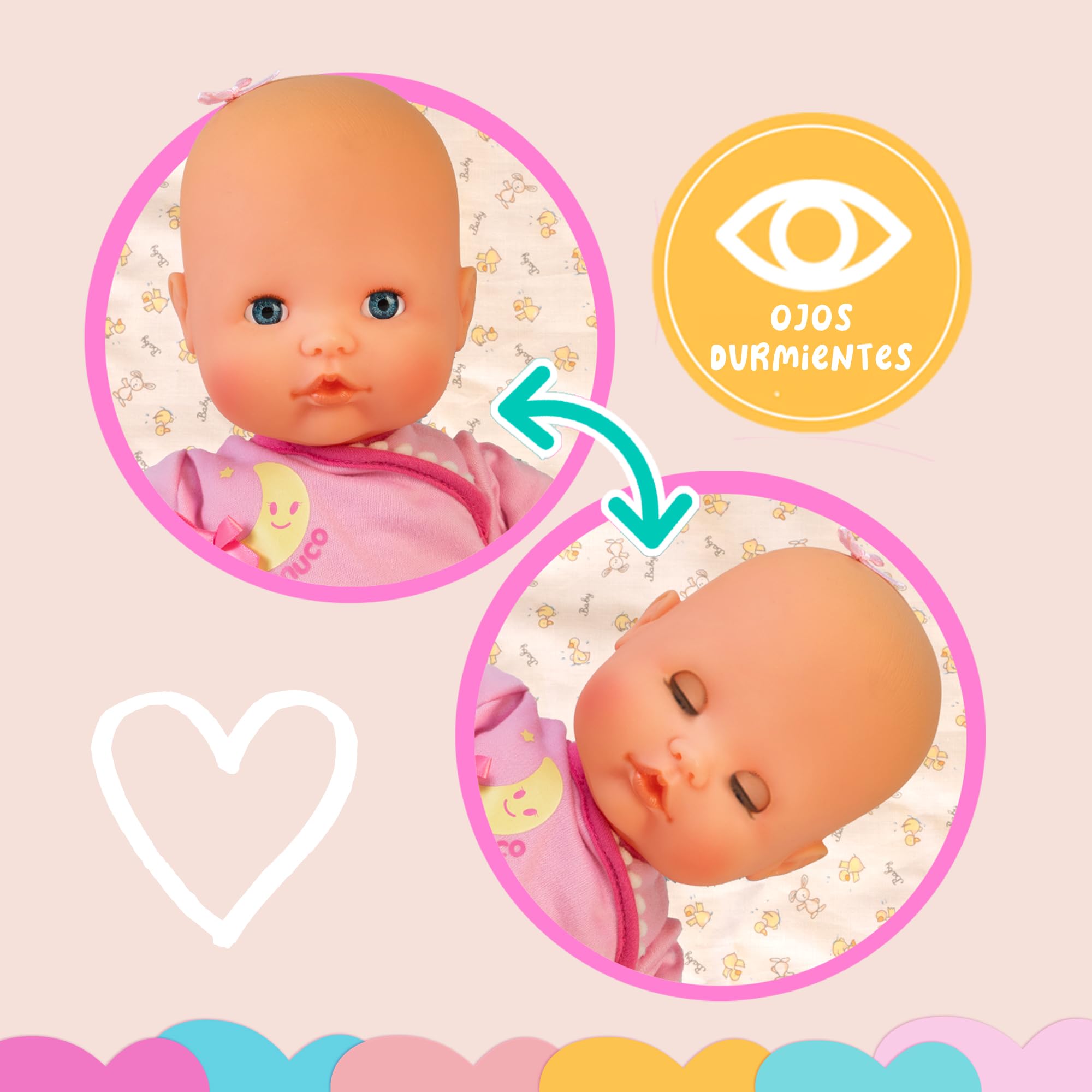 Nenuco - Dormi con me, culla 3 in 1 con bambola da 35 cm e corpo morbido, include ciuccio, biberon, copertina e stella con luci e suoni, si adatta a qualsiasi letto, +2 anni, Famosa (NFND1000)