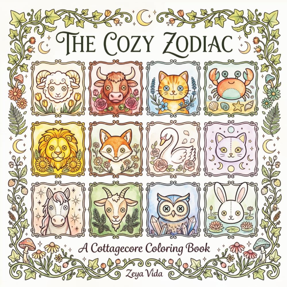 The Cozy Zodiac: A Cottagecore Coloring Book Featuring Whimsical Plushie Zodiac Signs for Adults and Teens - A Cute Cozy Fantasy Astrology Coloring Book
