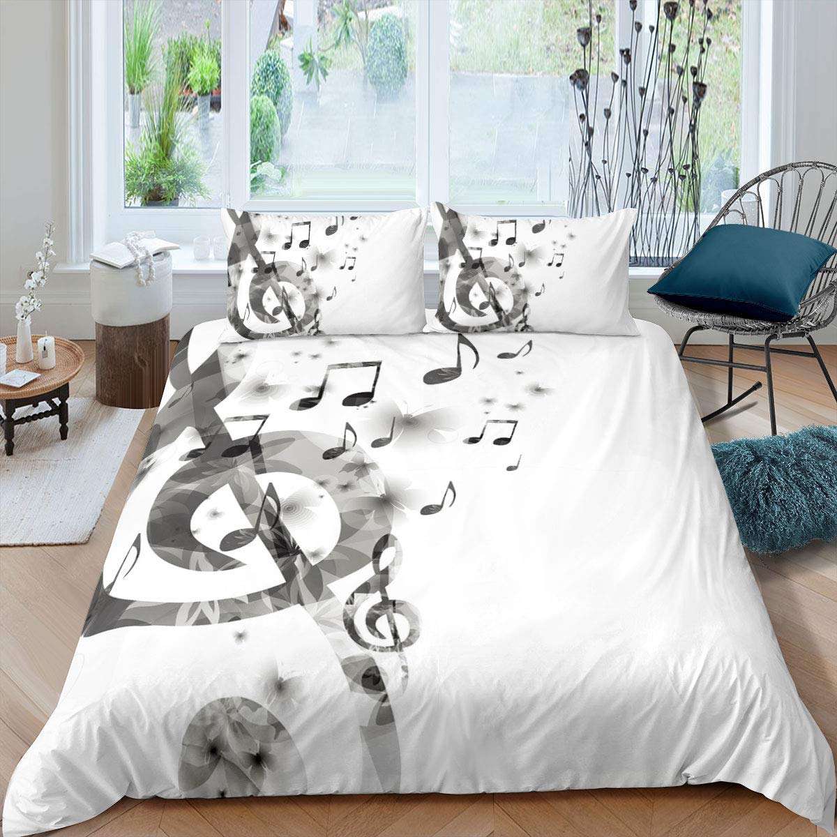 Music Note Bettwäsche Set mit Schmetterlingsmuster 155x220 Mucis Thema Trösterbezug für Kinder Mädchen Teens Grau Weiß Bettbezug mit Reißverschluss 2 Stücke Tagesdecke (1 Bettbezug 1 Kissenbezug)