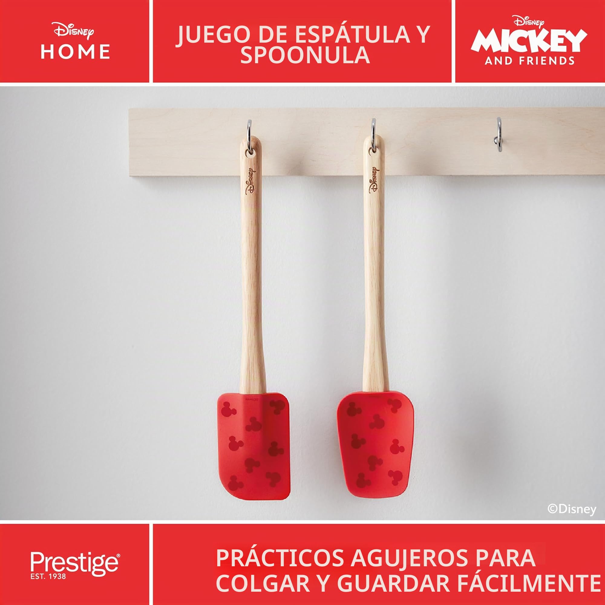 Prestige Juego de utensilios de cocina Disney Bake with Mickey Mouse con juego de cucharas medidoras, juego de 2 espátulas de silicona, rodillo de silicona y cortador de galletas, juego de 4