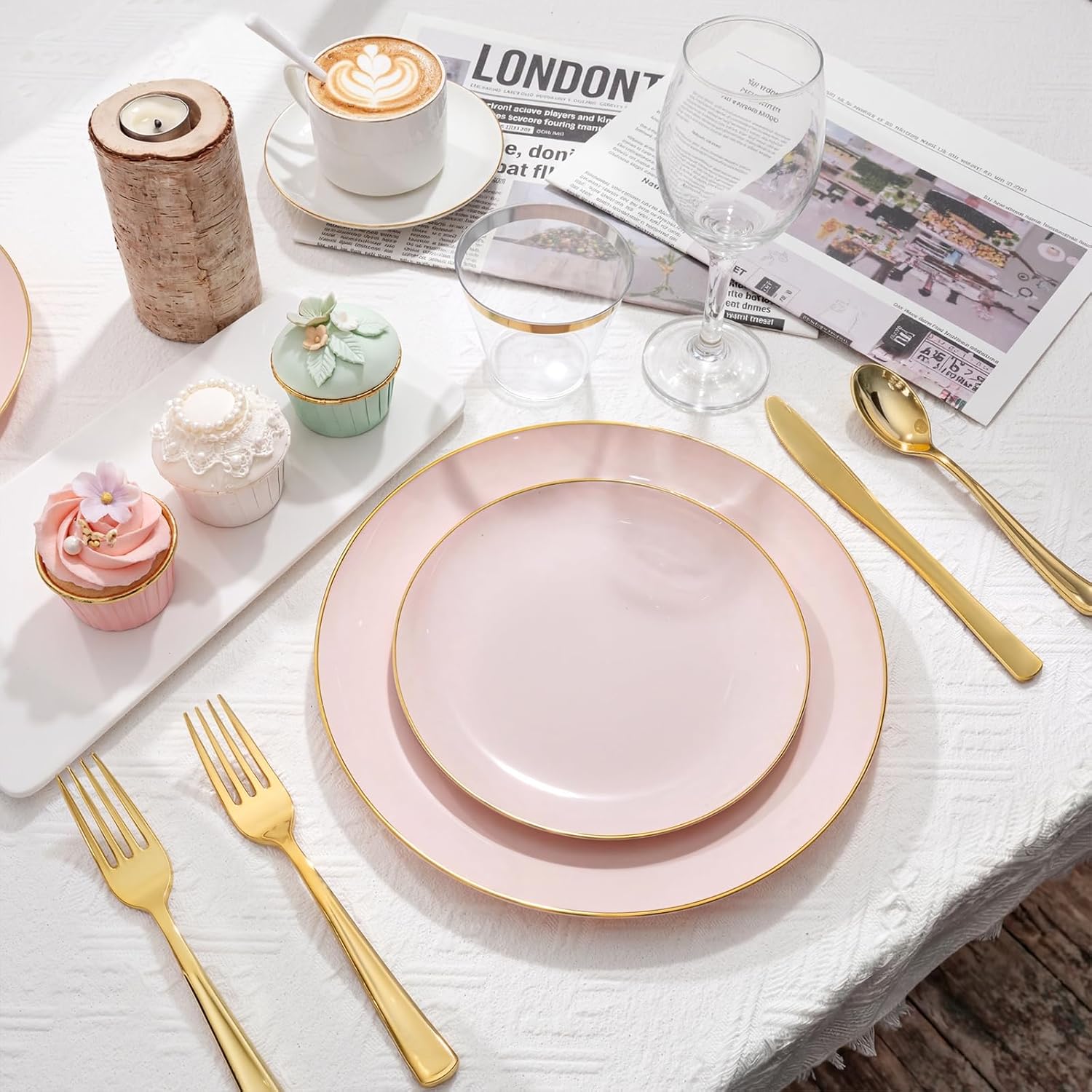 WDF 300Pcs Pink Plates Disposable - Pink and Gold Plastic Dinnerware Set for 50 Guests Include 50 Dinner & Cake Plates, 50 Disposable Cutlery, 50 9oz Cups for Wedding/Baby Shower/Spring/Easter