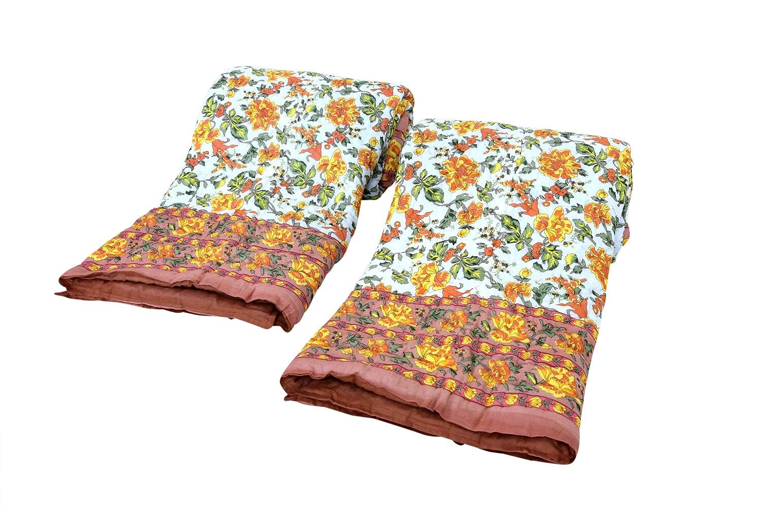 Namaste India Jaipuri Light Weight Pure Cotton Traditional Rajasthani Print Orange Colour Single Bed Quilt/Razai/Rajai-Set of 2