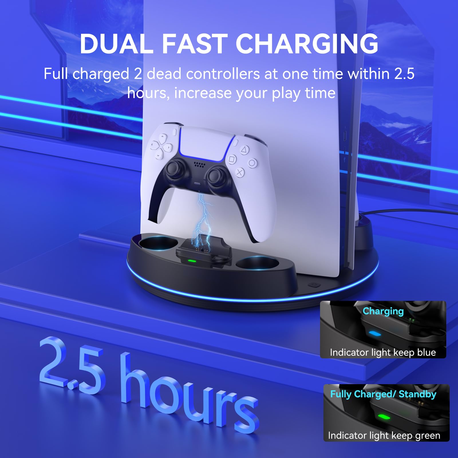 NEWDERY stojak do PS5/PS5 Slim /PS5 Pro, stacja ładująca z podwójnym kontrolerem ze światłem RGB, pionowy stojak do konsoli cyfrowej Playstation 5, czarny