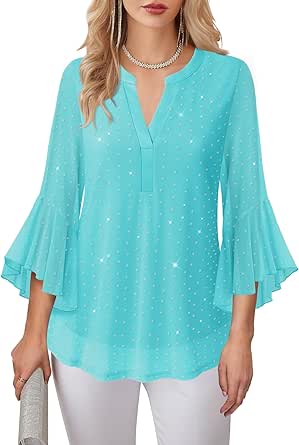 Lotusmile Top Donna Elegante Maniche A Campana 3/4, Doppio Strato In Chiffon Texture, Scollo A V, Pieghe Sul Retro, Camicetta Da Lavoro E Casual