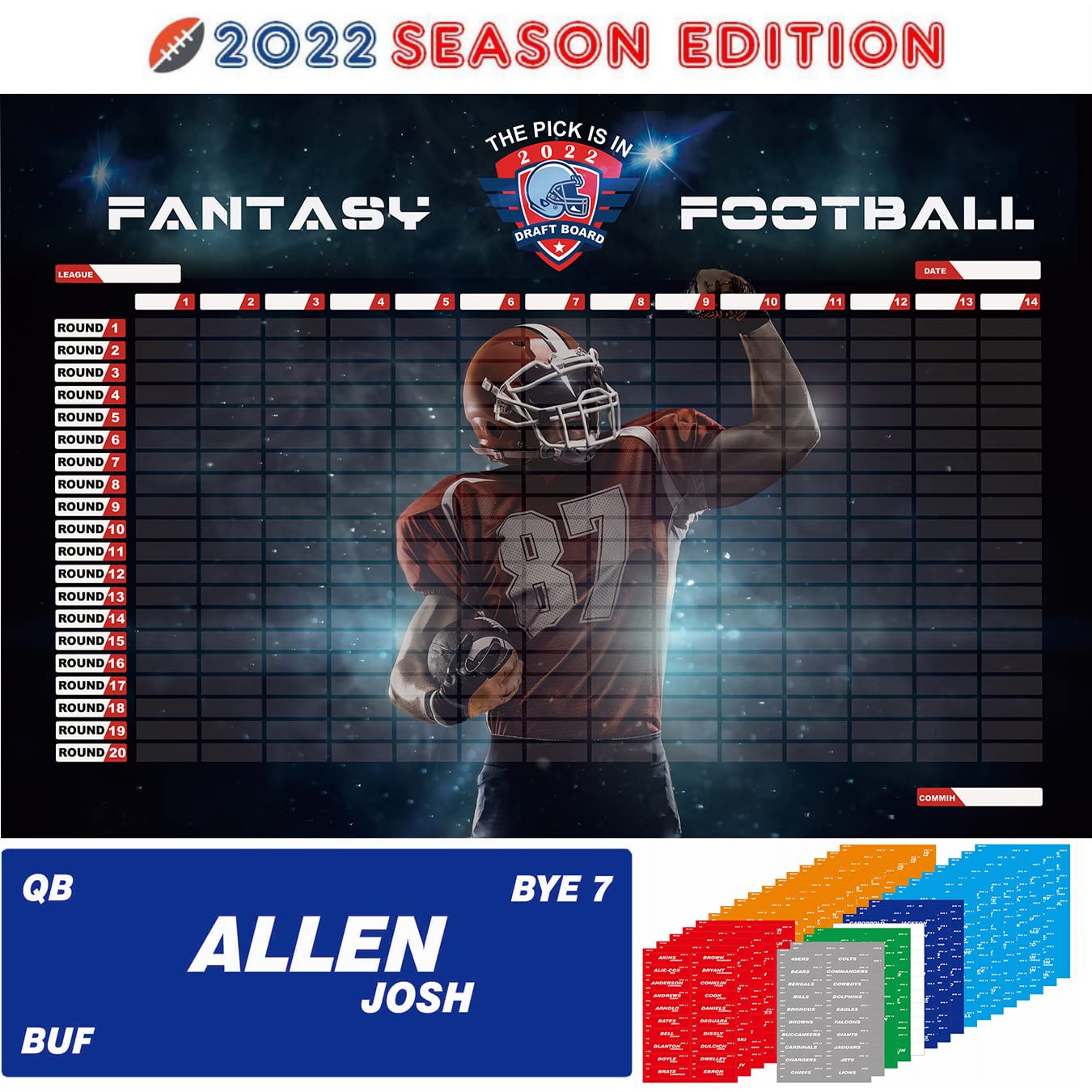 Amazon.com : Fantasy Football Draft Board 2022 Kit - Player Stickers  (600+), Large 6'x4' Draft Board, 14 Teams & 20 Rounds. : Sports & Outdoors