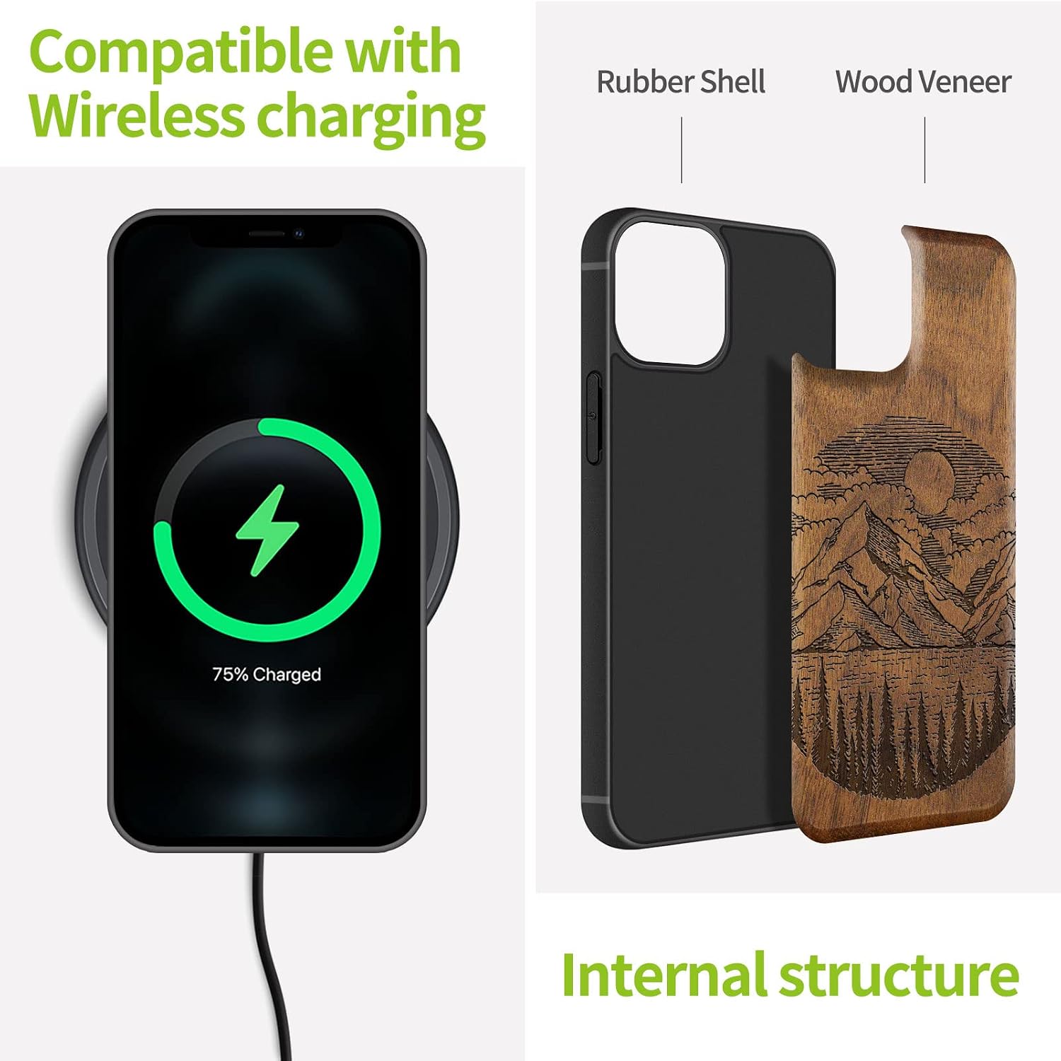 Carveit Magnetic Wood Case for iPhone 13 Pro Max [Natural Wood & Black Soft TPU] Unique & Classy Wooden Shockproof Protective Cover Compatible with MagSafe (Alpine Lake Carving -Walnut)