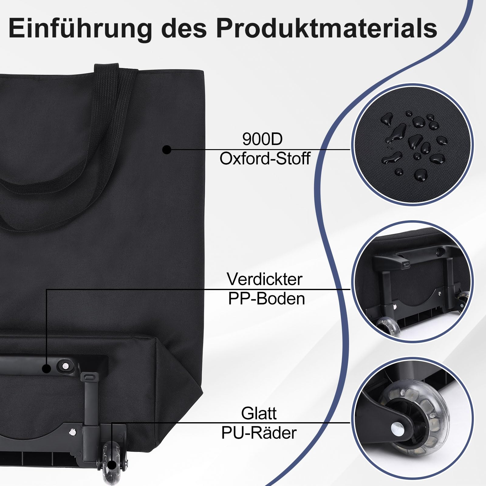 MOONCY 2-in-1 Einkaufstrolley, 30L Große Einkaufstasche auf Rollen, Leichter Einkaufswagen Klappbar für Camping und Reisen, Inklusive Einkaufswagenlöser, Schwarz