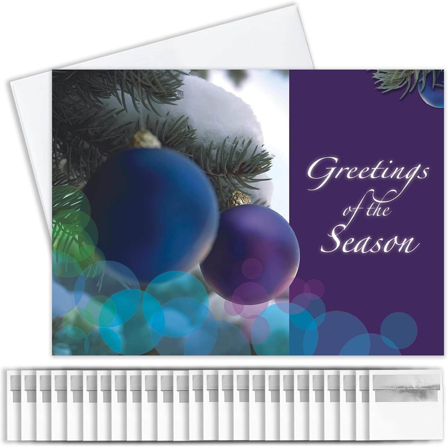 Season’s Greetings Cards for Business & Family (Purple Snowy Ornaments) Bulk Greeting Card Set Pack of 25 Christmas Cards with Envelopes (5x7 inch A7) Great for Office, Work, Employees & Clients H7043