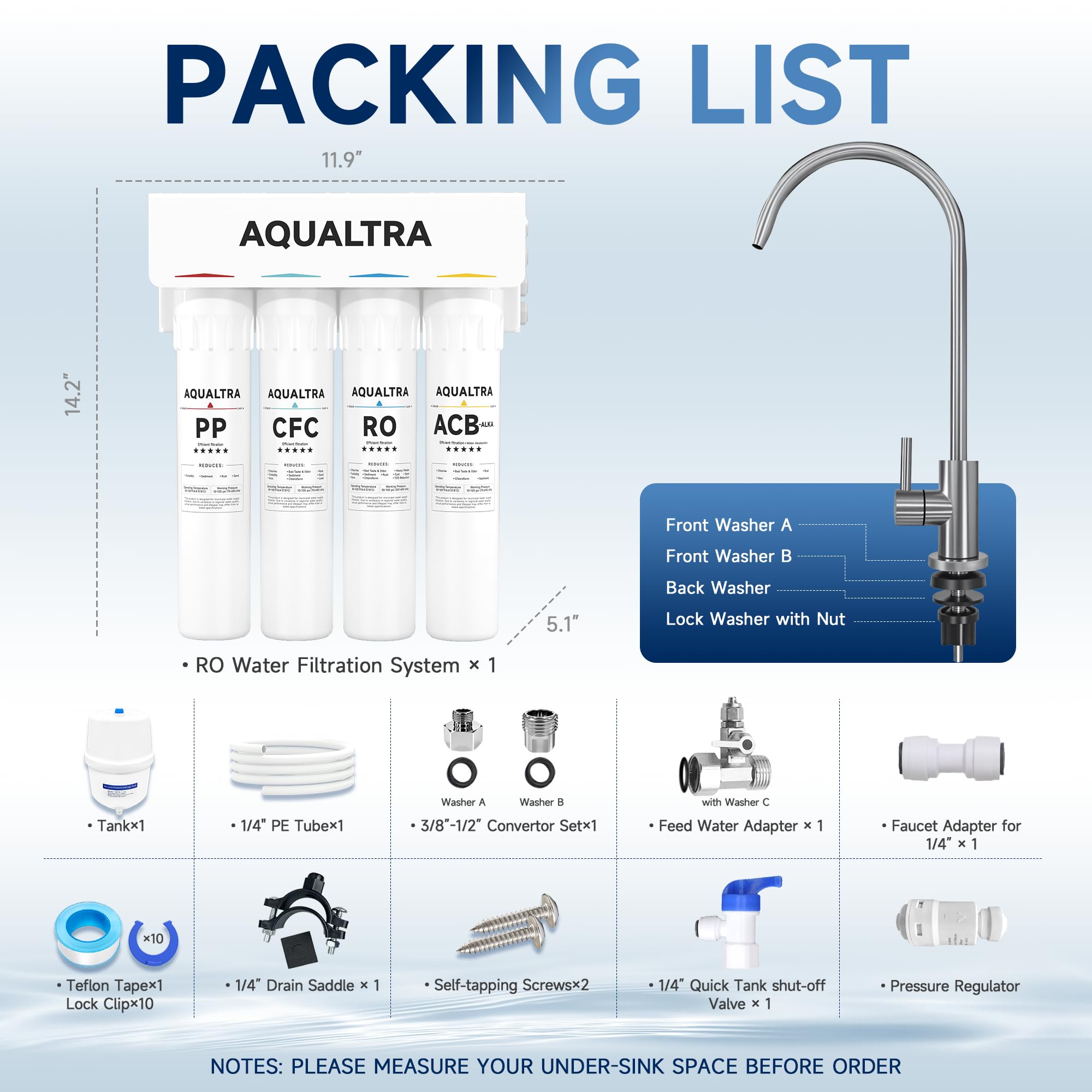 AQUALTRA USF-4RF-100 Depuratore Acqua Osmosi Inversa Sottolavello Alcalino pH+, Sistema di Filtrazione 0,0001μm, 100 GPD, Rapporto Acqua Pura/Scarto 3:1, con Rubinetto e Serbatoio Integrato
