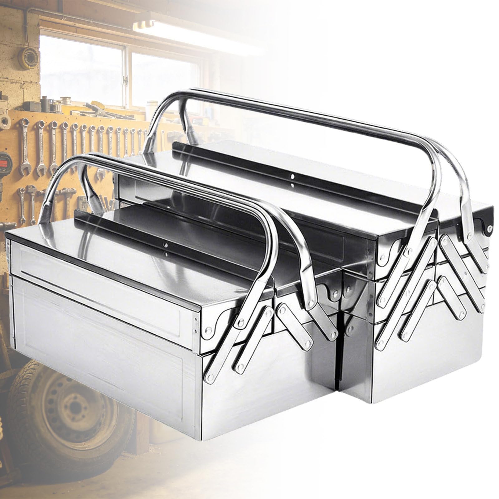 Folding Cantilever Tool Box 2-Tier with Metal Tray Layout and 410 Grade Stainless Steel Body for Workshop Tool Classification and Secure Storage with Lock Hole 3-TierL53.5cm/21.1in