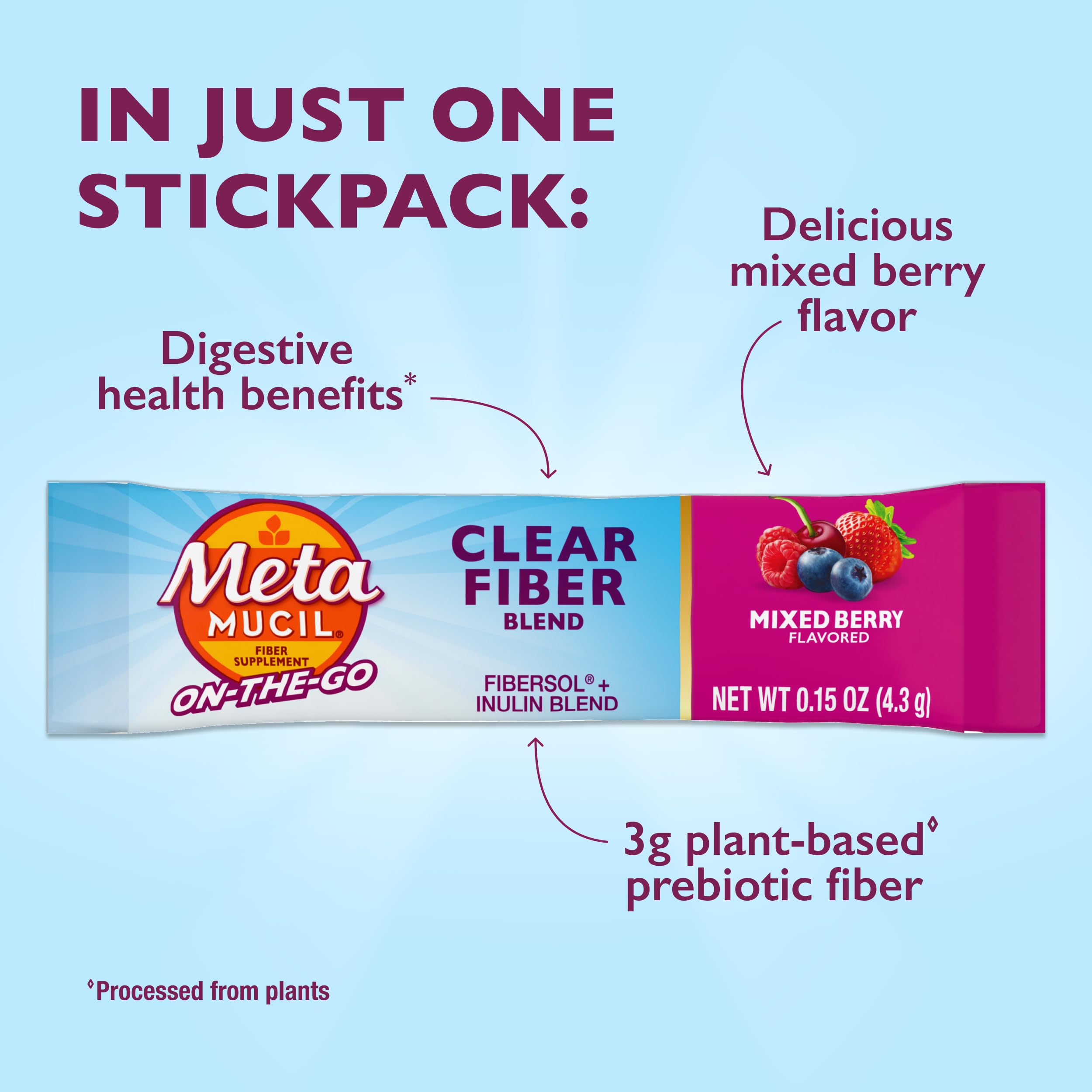 Metamucil Fiber Supplement, Clear Mixing Fiber Powder Stick Packs, Mixed Berry Flavor, On the go, Plant Based Prebiotic Fiber Supplement Blend for Daily Digestive Health, 21 Stick Packs — Amazon image 2