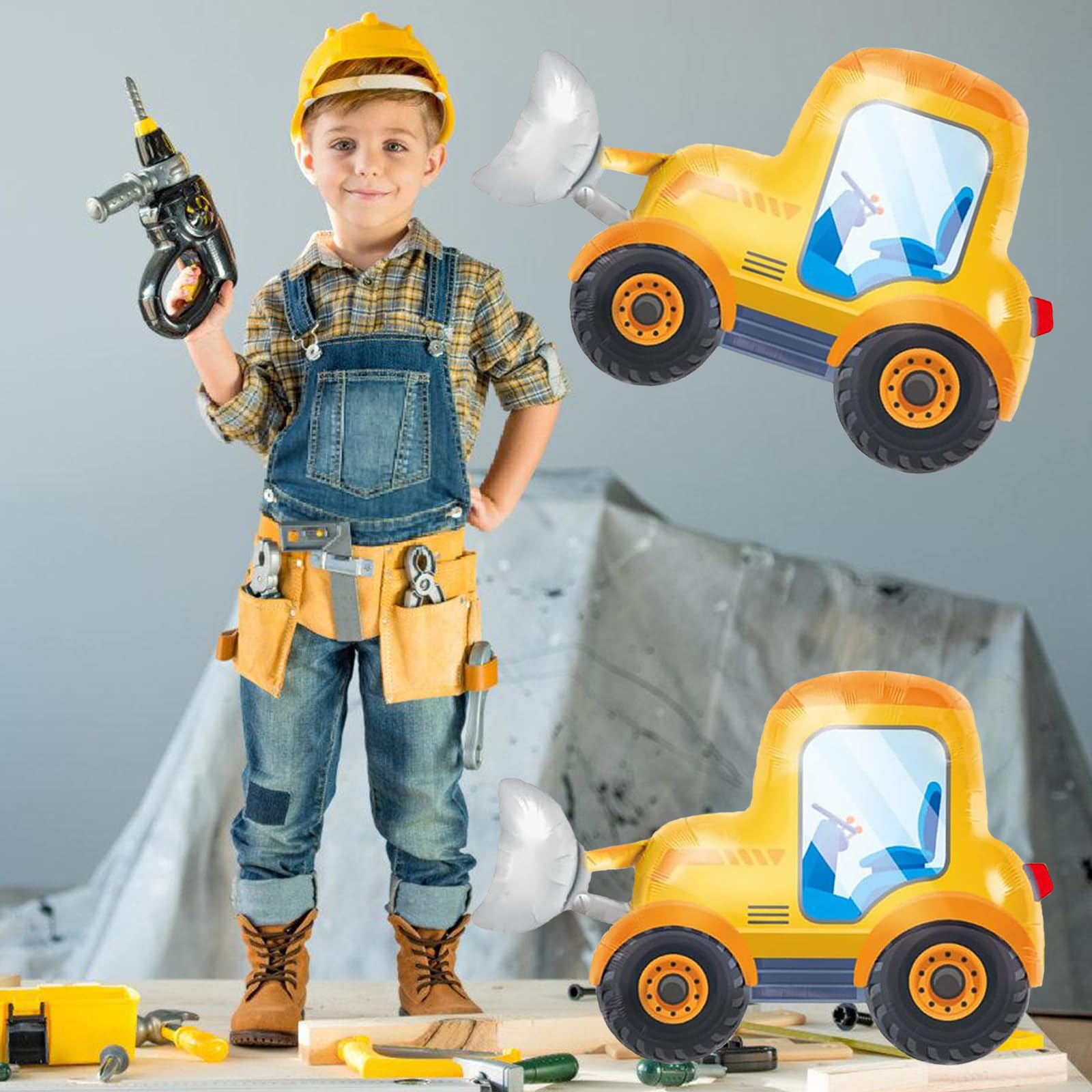 2 Palloncini Bulldozer In Alluminio Per Feste A Tema - Decorazioni Compleanno Bambini