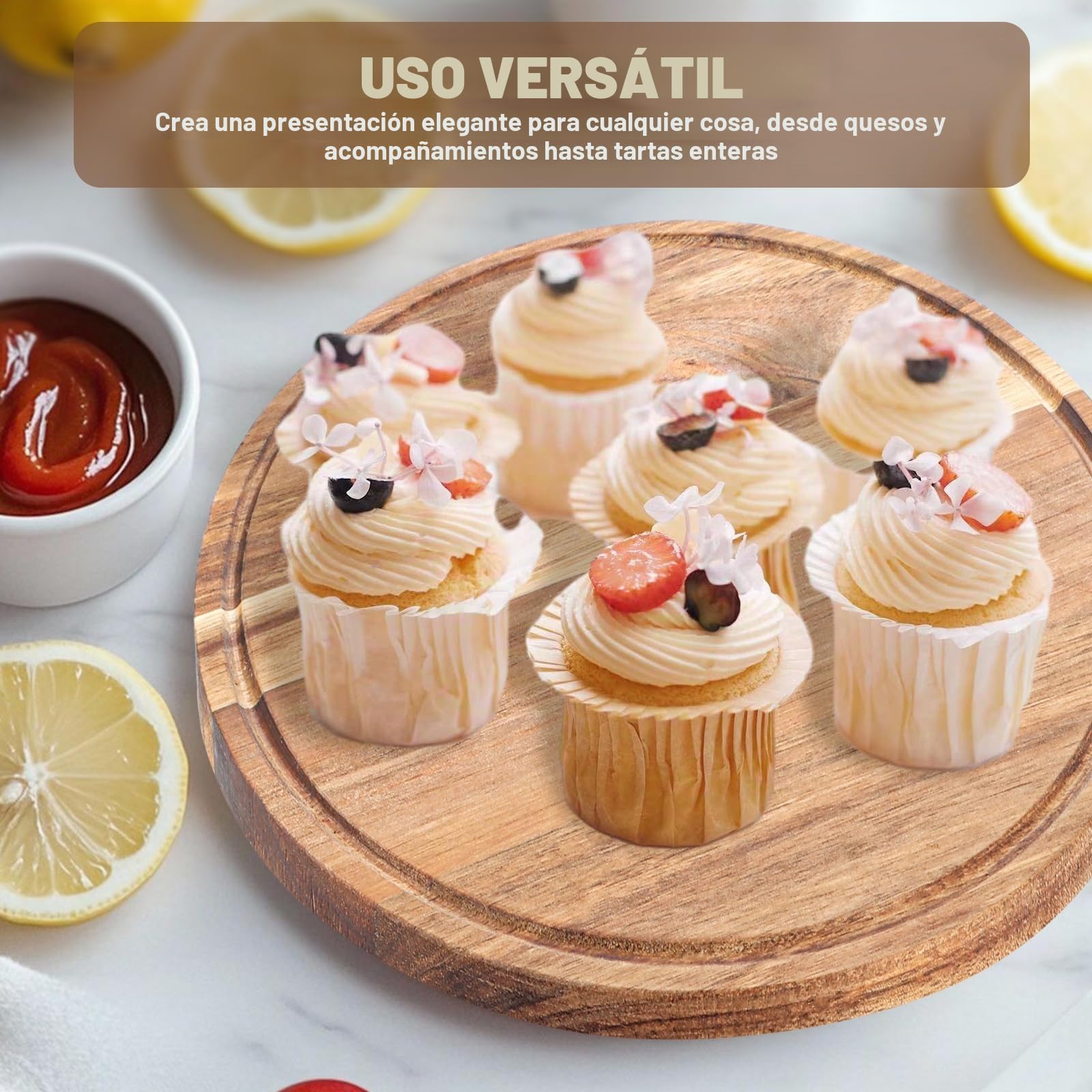 Plato Giratorio para Tartas de Madera de Acacia 29,5 cm con Tapa Transparente, Soporte Tarta y Soporte para Tartas, Porta Postres para Fiestas y Mesa Dulce