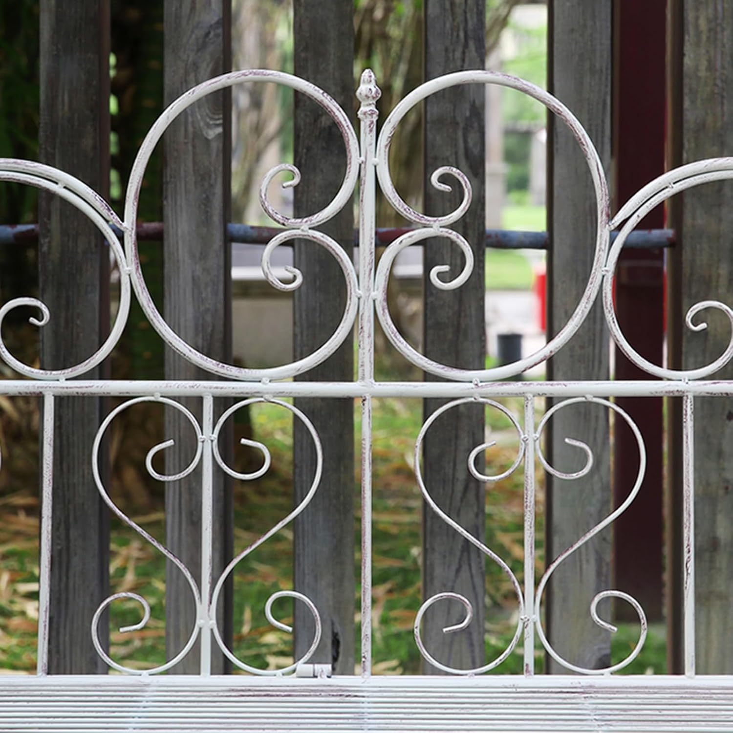 50" Outdoor Garden Bench, Iron Art Metal Loveseat for Park, Yard & Porch - Antique Floral Design Seating Furniture for Lawn, Balcony & Backyard (White)
