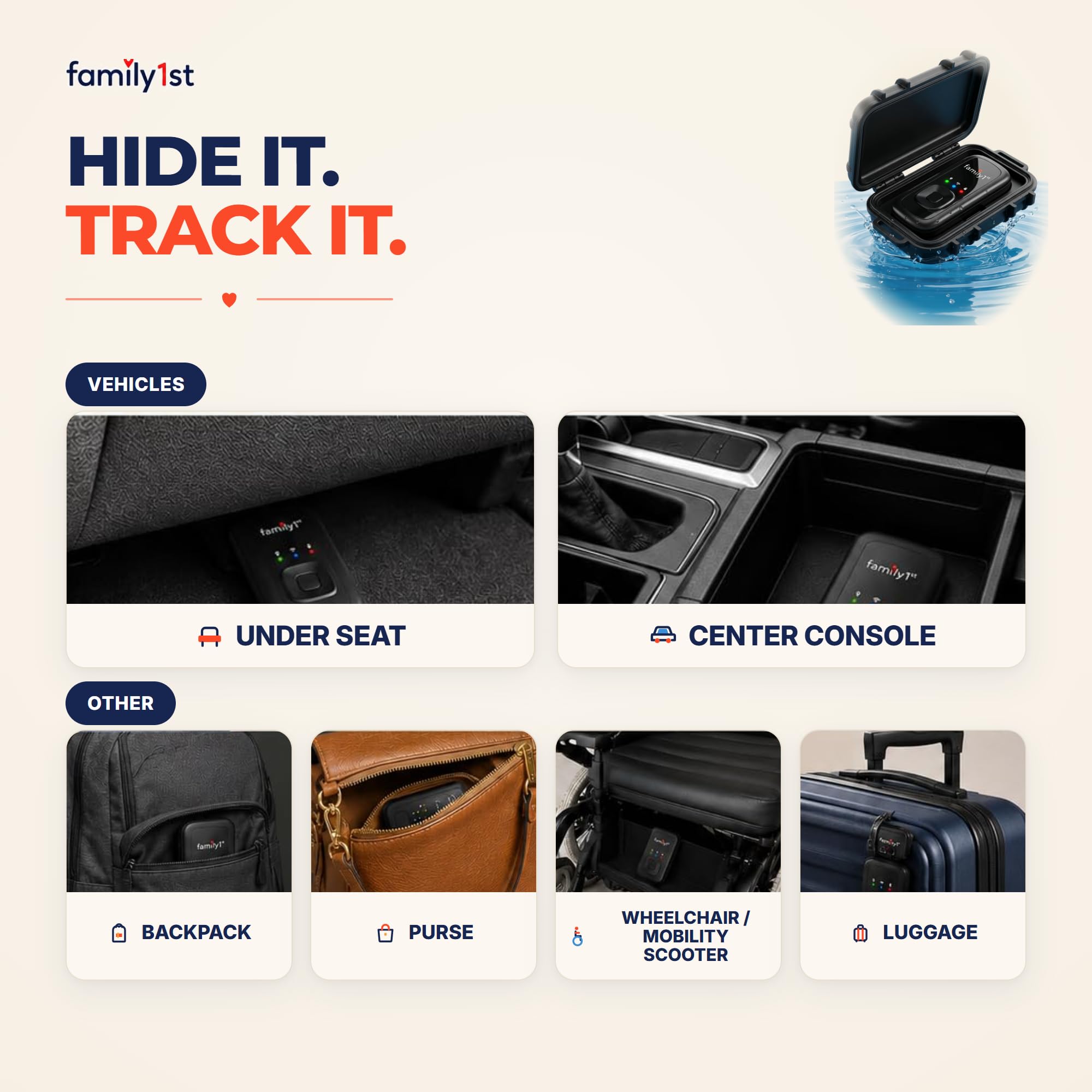 Family1st Dispositivo rastreador GPS para vehículos, coches, seres queridos, hasta 30 días de batería con carcasa impermeable magnética, seguimiento en tiempo real con aplicación, requiere suscripción