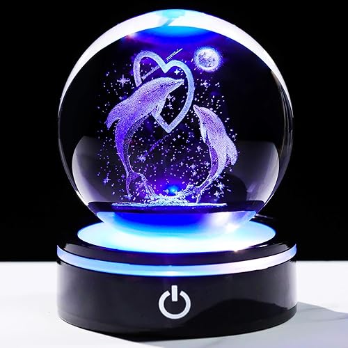 YWHL Figuras de delfín 3D con bola de cristal con base de luz colorida, regalos de delfines para mujeres y hombres en cumpleaños, esfera