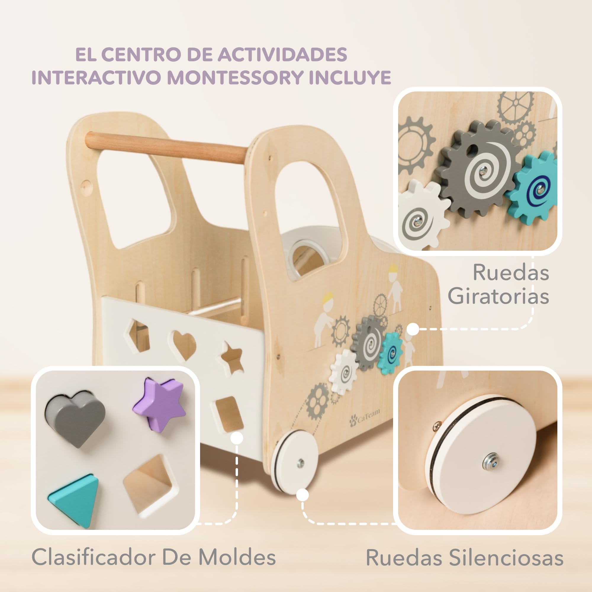 Carrito de Madera Cateam con Tablero de Actividades Montessori - Juguete de Empujar y Tirar Centro de Actividades Educativas con Almacenamiento para Juguetes - Banco de Trabajo con Ruedas