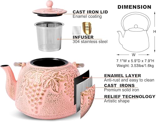 Miniatura 2 de VICSKY Tetera de hierro fundido de calabaza (40 oz40.6 fl oz), resistente hervidor de té de hierro apto para estufa, hervidor de té con