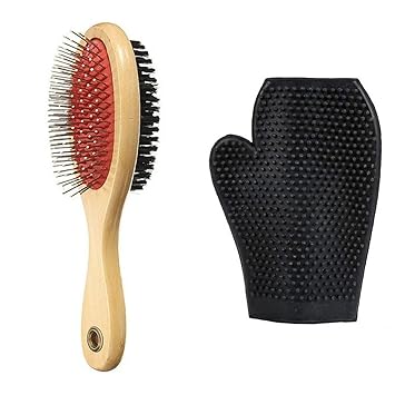 W9 Double Sided Wooden Pin Dog Brush with Grooming Bathing Gloves (Large)
