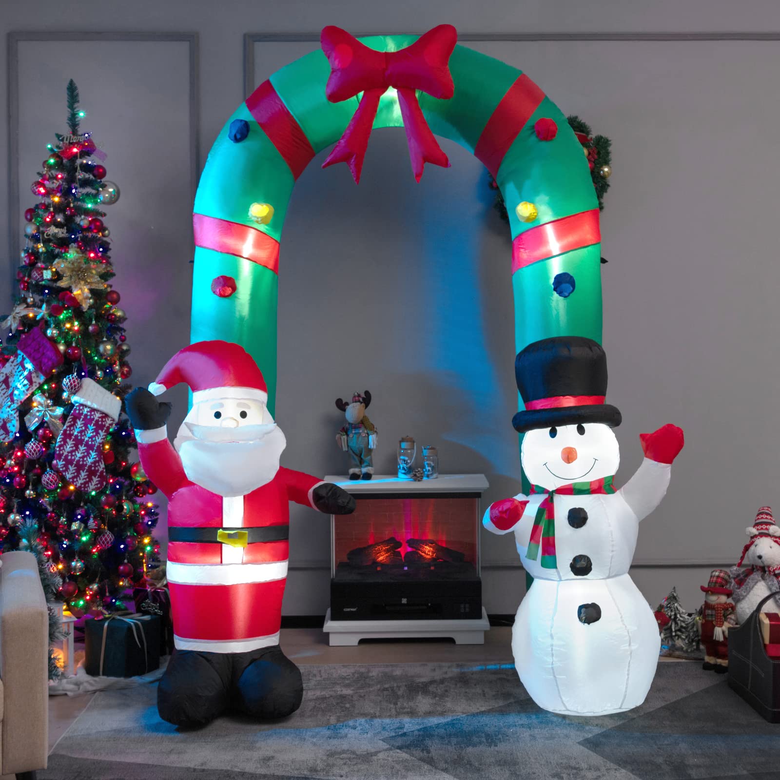 COSTWAY aufblasbarer Weihnachtsbogen 245cm, LED Weihnachtsdekoration mit Weihnachtsmann & Schneemann, Weihnachtsdeko Outdoor, Weihnachtsbeleuchtung für Garten, Hof, Terrasse, selbstaufblasend