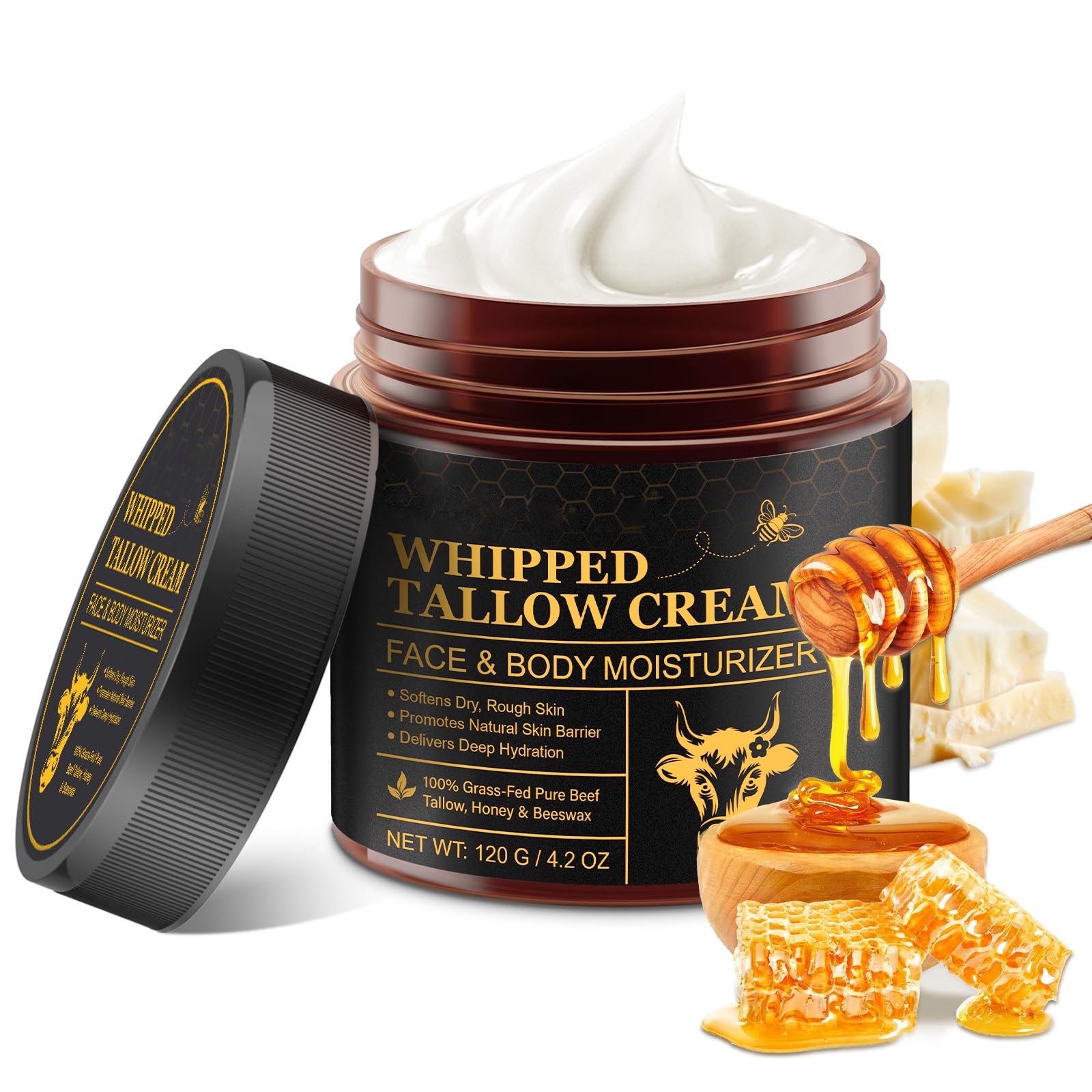 Whipped Tallow Cream für Gesicht & Körper 120G - 100% Grasgefüttertes Rindertalg Natürlicher Honig & Bienenwachs Tiefe Hydratation & Pflege, ölfrei und unparfümiert, für alle Hauttypen, glutenfrei