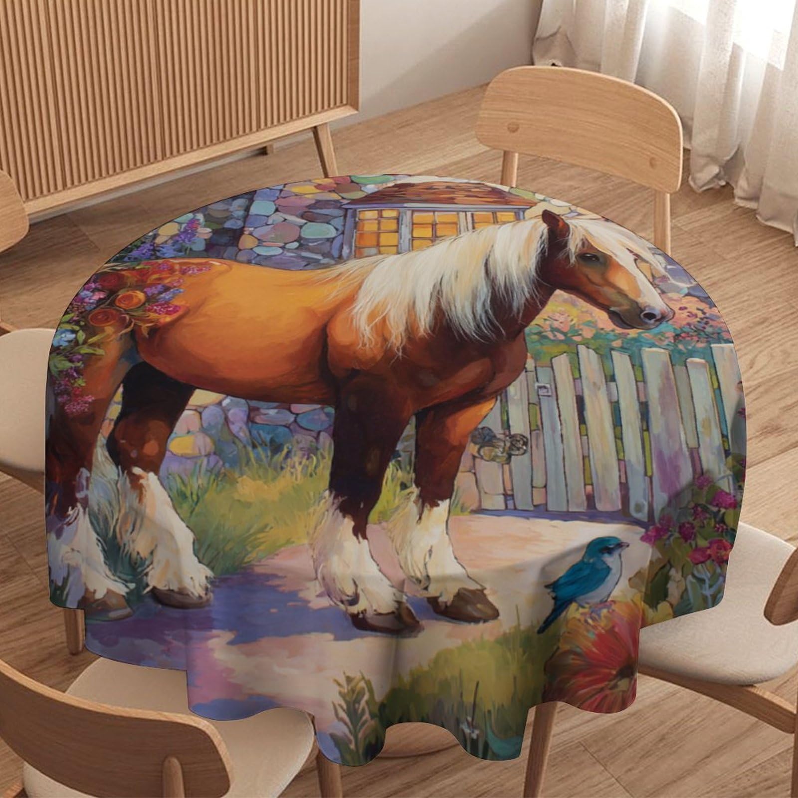 LUYYSKY Vintage Abstract Horse Waterproof Round Tablecloth Colorful Classic Spring Garden Plants Floral Animals Birds Pattern Washable Table Cover for Kitchen-36 Wx36 L